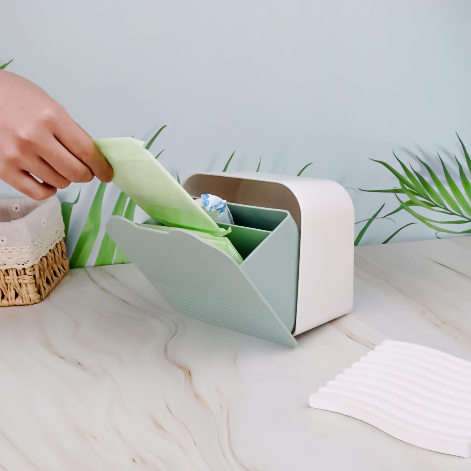 Xuezoioy Pad and Tampon Organizer for Bathroom,Plastic Green Sanitary Napkin Storage Container 6x6x3.5 inches Sanitary Pad Holder for Women Bathroom,Feminine Products Organizer(with 100pcs Sanitary Trash Bags)