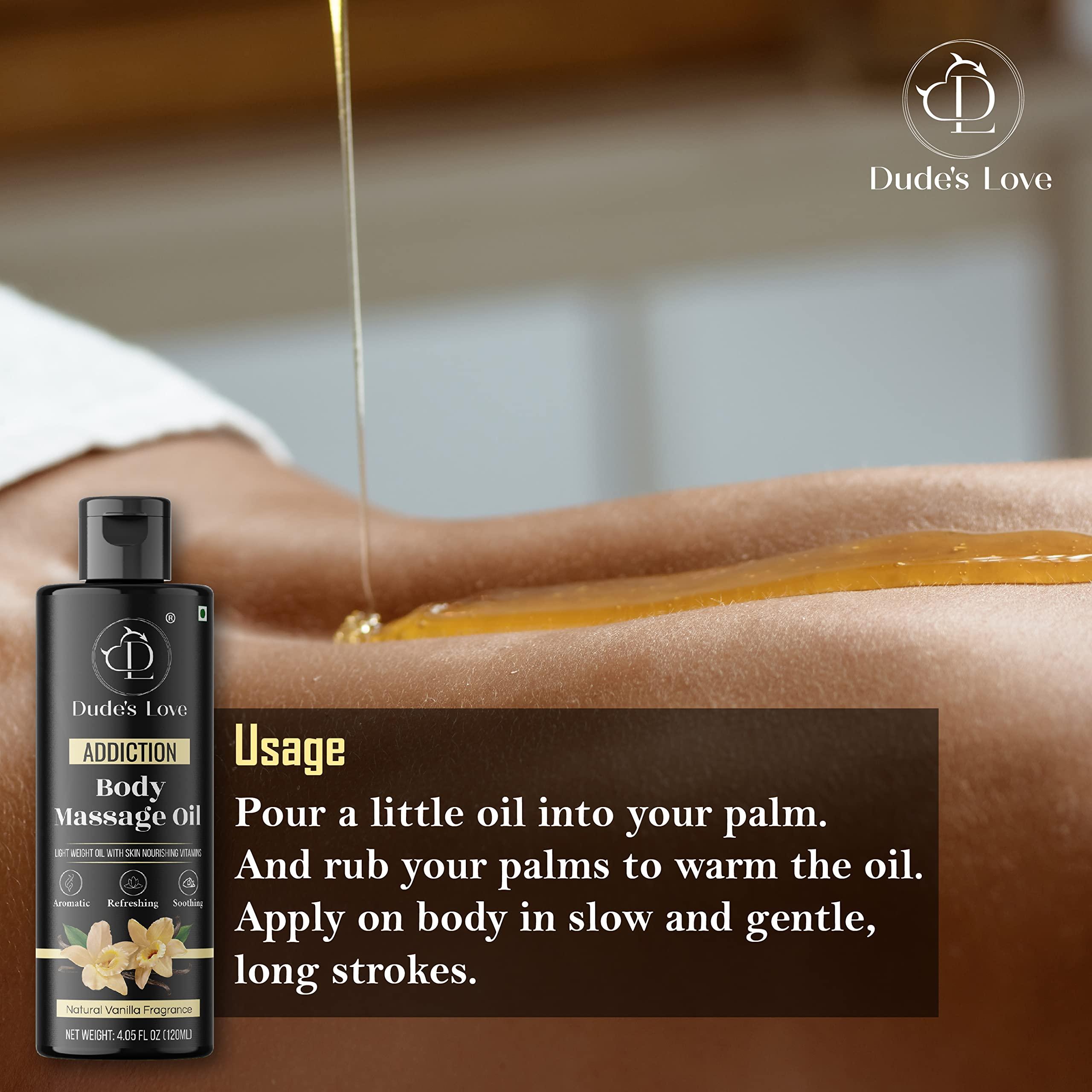 Dude\'s Love Organic - Vanilla Full Body Massage Oil - No Stain & Non-Sticky | with Fractionated Coconut Oil, Vanilla & Jasmin Oil | for Massage Therapy - 4.05 Fl Oz