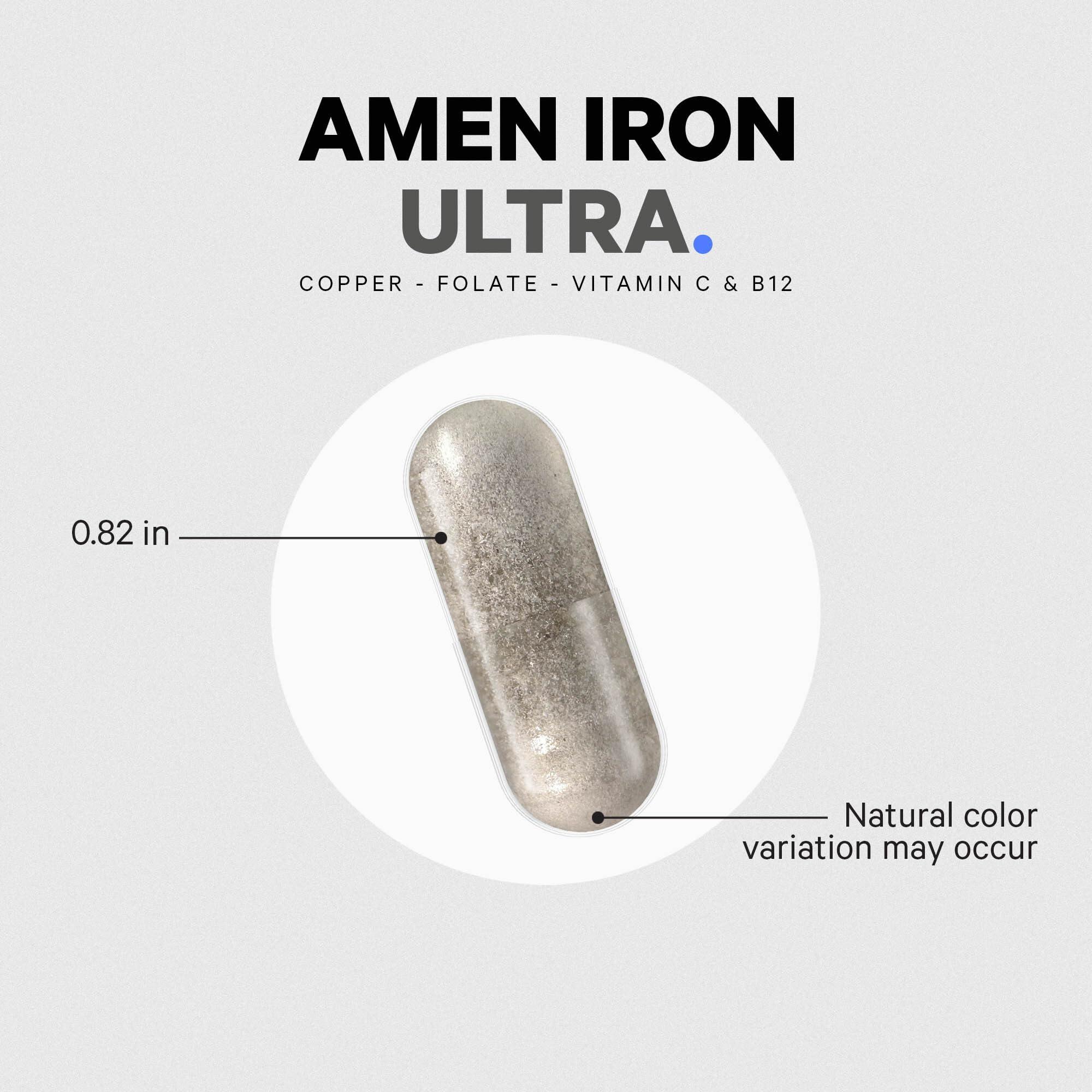 Amen Amen Iron Ultra Supplement + Copper, Folate, Vitamin C and Vitamin B12-2-Month Supply - Ferrous Sulfate Iron Vitamin - Iron 65mg Per Serving - Iron Folic Acid - Non-GMO Iron Pills - 60 Capsules