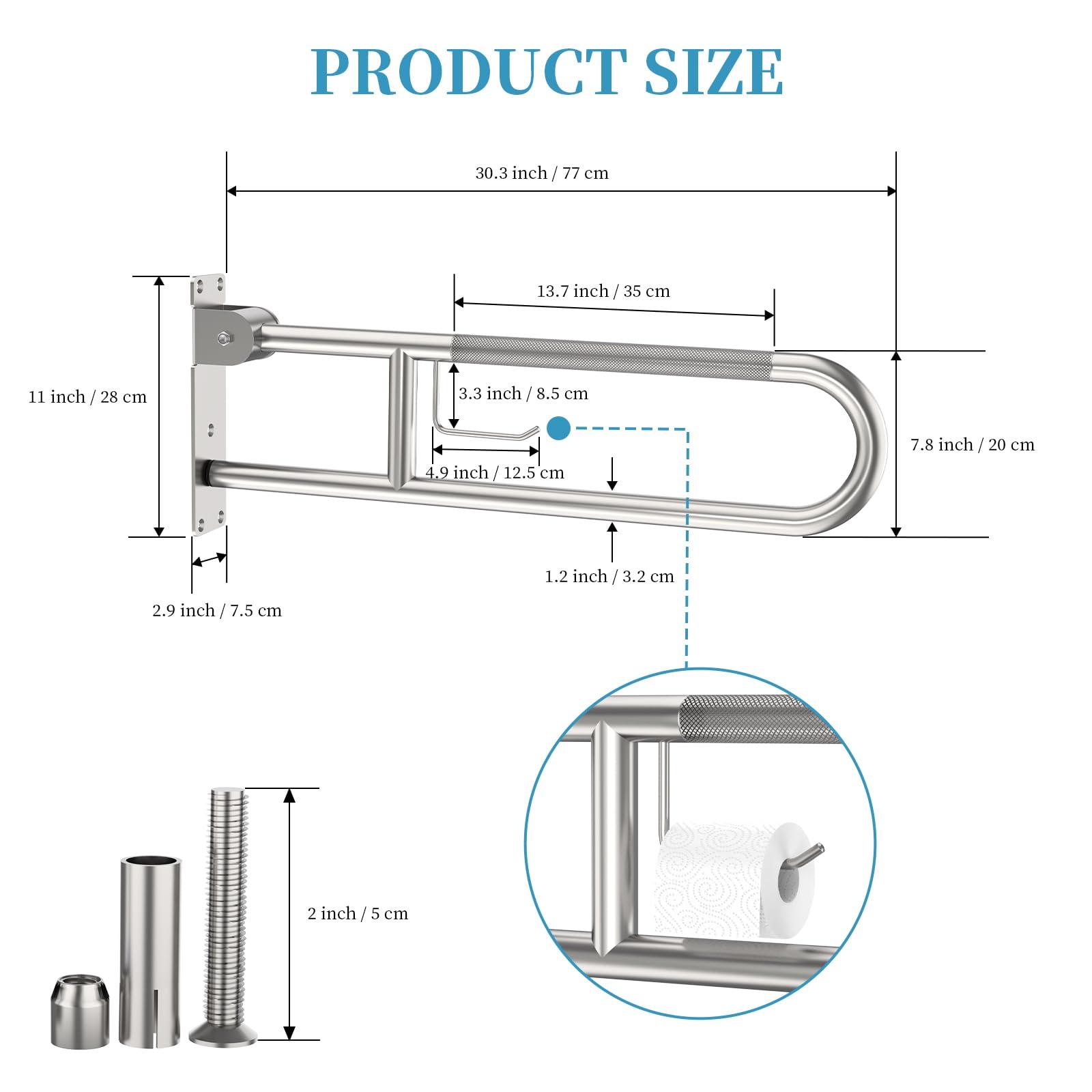 Munzong Toilet Grab Bar 30.3 Inch, Munzong Anti-Slip Handicap Grab Bars with Paper Holder, Flip-Up Bathroom Toilet Safety Rails, Stainless Steel Knurled Support handrails for Seniors Elderly Disabled Pregnant