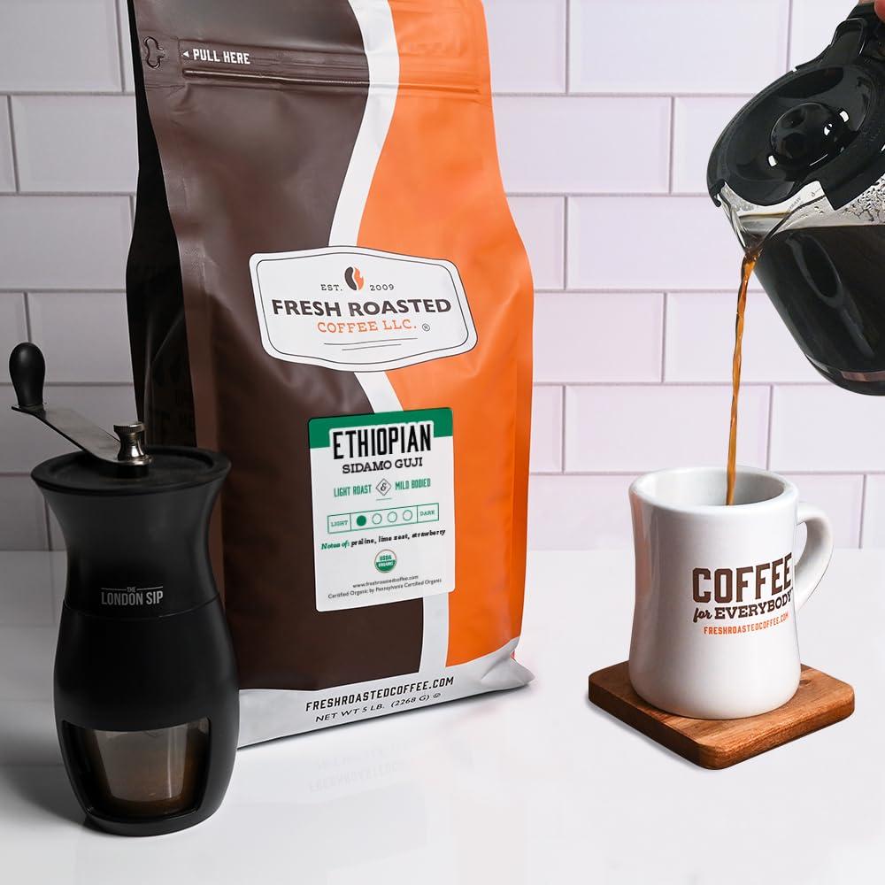 Fresh Roasted Coffee Fresh Roasted Coffee, Organic Ethiopian Sidamo Guji, 5 lb (80 oz), Light Roast, Kosher, Whole Bean