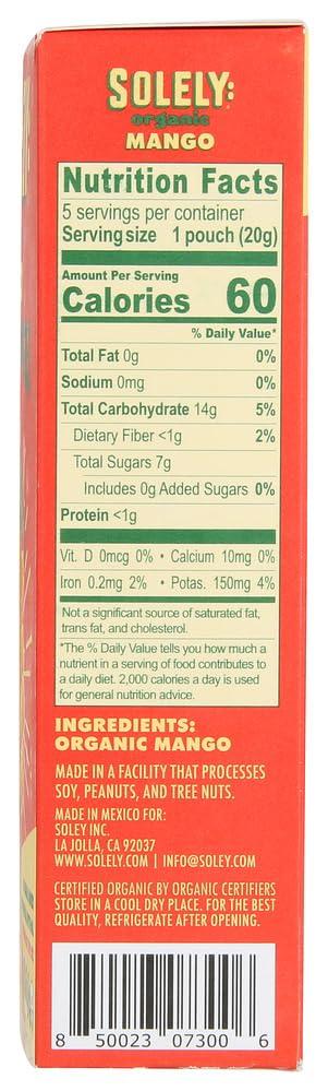 SOLELY SOLELY Organic Mango Whole Fruit Gummies | Two Ingredients | No Added Sugars, Artificial Colors or Flavors | Vegan Fruit Snacks, 0.7 Ounce (Pack of 5)