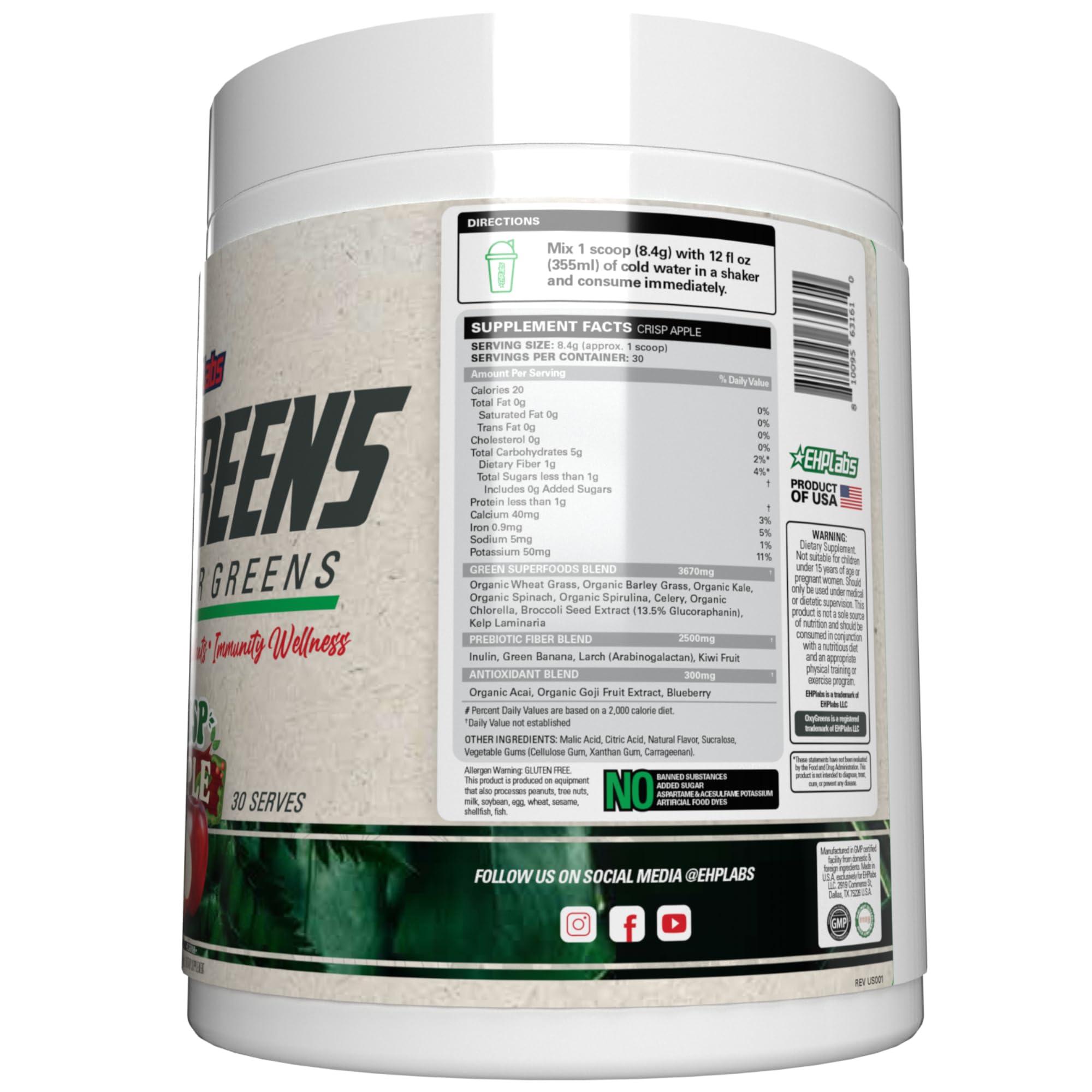 EHP Labs EHP Labs OxyGreens Super Greens Powder - Spirulina & Chlorella Superfood, Green Juice Powder & Greens Supplements with Prebiotic Fibre, Antioxidants & Immunity Support, 30 Serves (Crisp Apple)