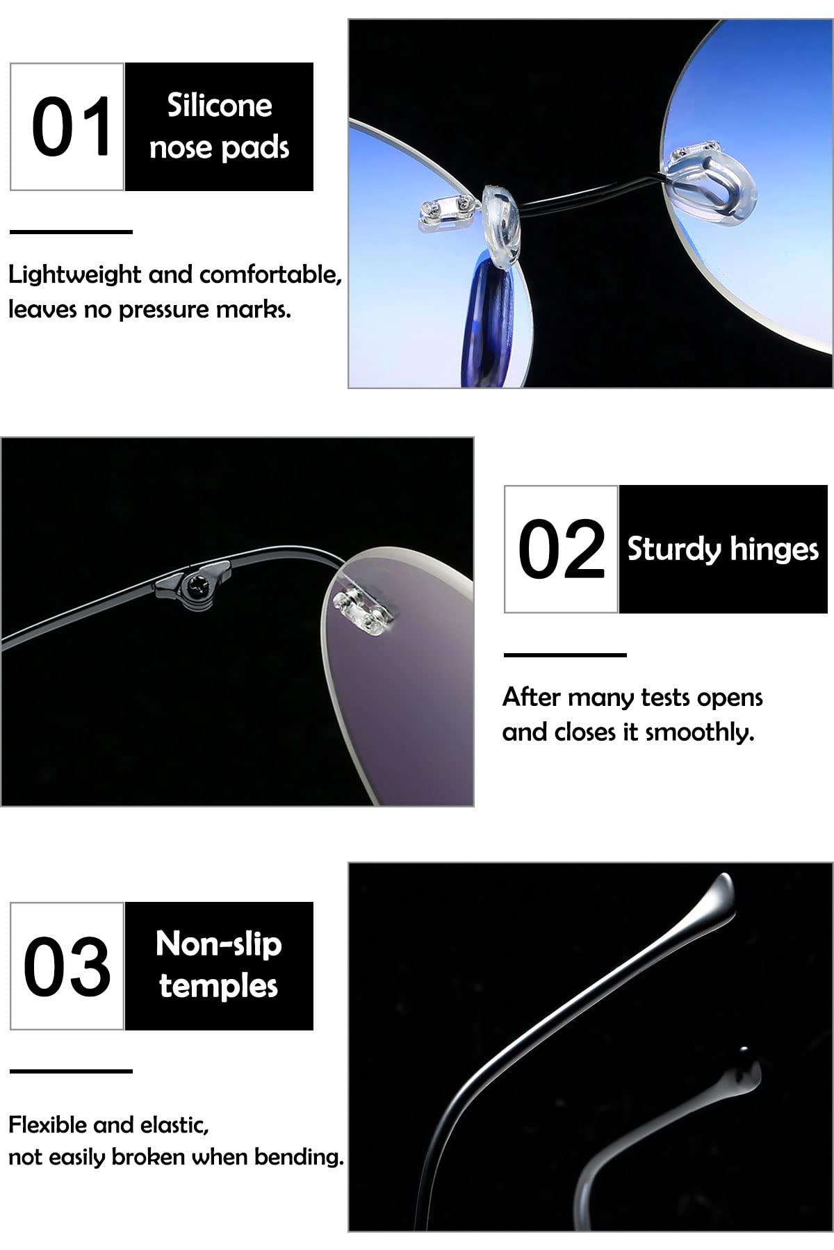 KOOSUFA KOOSUFA Titanium Rimless Round Reading Glasses 1.5 Blue Light Blocking Eyeglasses Readers Frameless Lightweight Eyewear for Men Women, Black+golden+silver