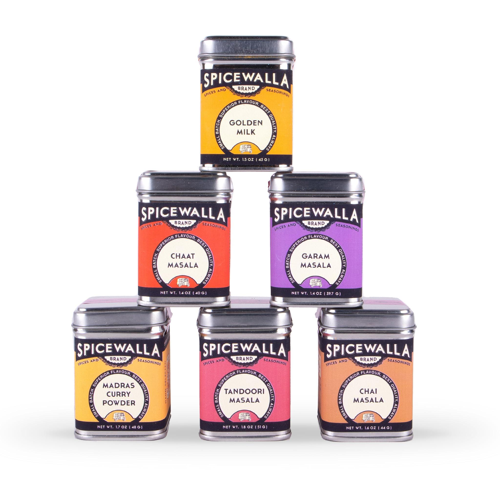 SPICEWALLA Spicewalla Masala Indian Spice 6 Pack | Chai Masala, Tandoori Masala, Garam Masala, Chaat Masala, Chai Masala, Madras Curry Powder | Non-GMO, Indian Spices Gift Set