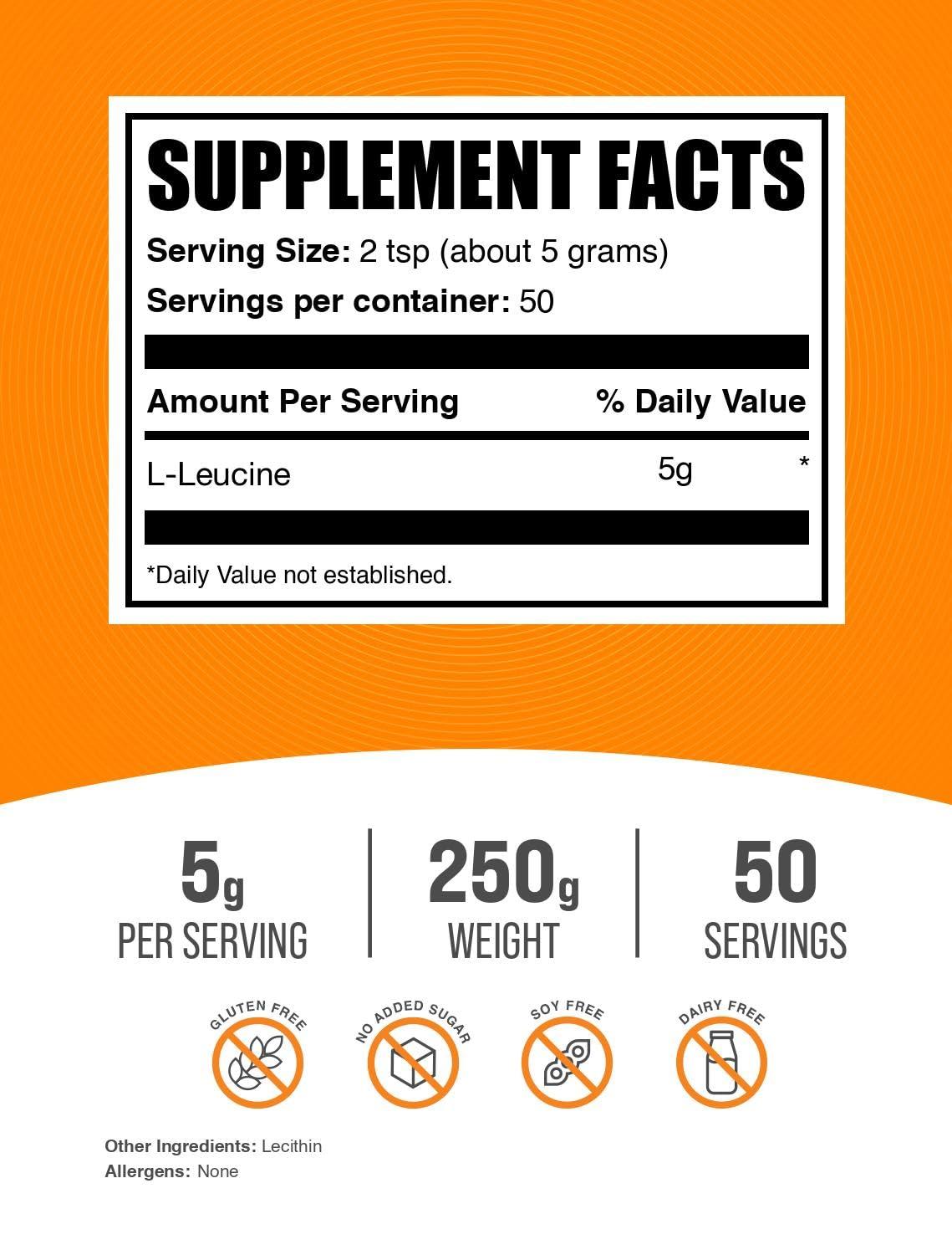 BulkSupplements BulkSupplements.com L-Leucine Powder - Leucine Supplements, Leucine Amino Acid - BCAA Supplements, Leucine Powder - Unflavored, 5000mg per Serving, 250g (8.8 oz) (Pack of 1)