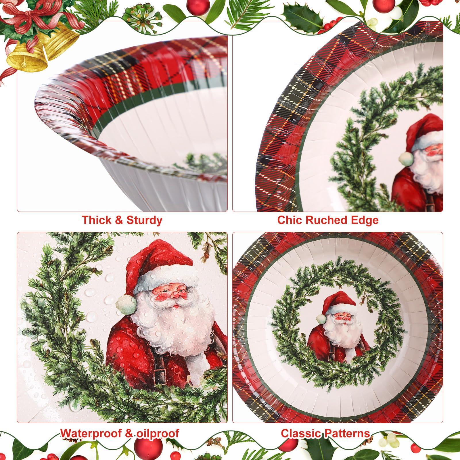 Pasimy Pasimy 100 Pcs Christmas Paper Bowls Bulk 12 oz Merry Christmas Disposable Bowls Red and Green Plaid Food Serving Snowman Santa Claus Snack Soup Dessert Food Tablewares for Xmas Party Favors Supplies