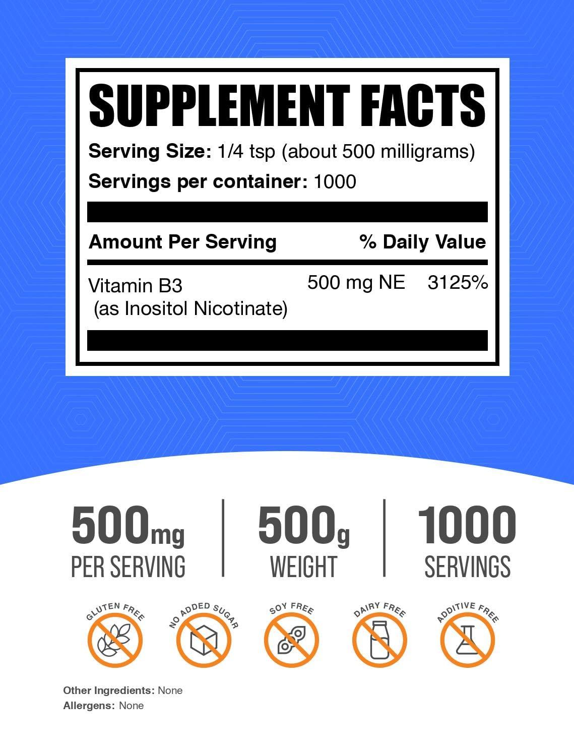 BulkSupplements BulkSupplements.com Flush Free Niacin Powder - as Inositol Hexanicotinate, Vitamin B3 Supplement, Niacin 500mg Flush Free - Gluten Free, 500mg of per Serving, 500g (1.1 lbs) (Pack of 1)