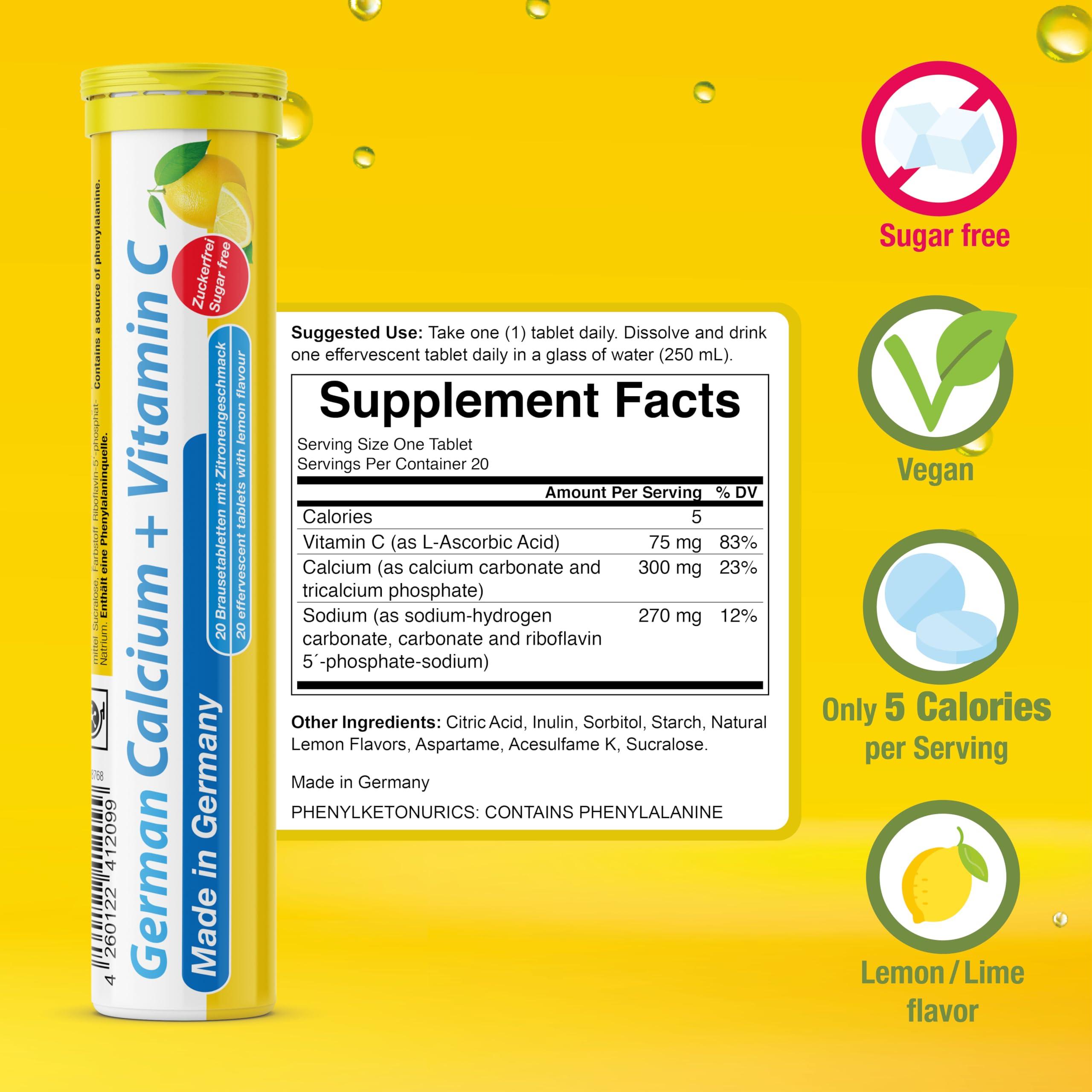 T&D German Calcium + VIT. C - 100 Vegan Drink Effervescent Tablets - Lemon Lime Flavor - Made in Germany