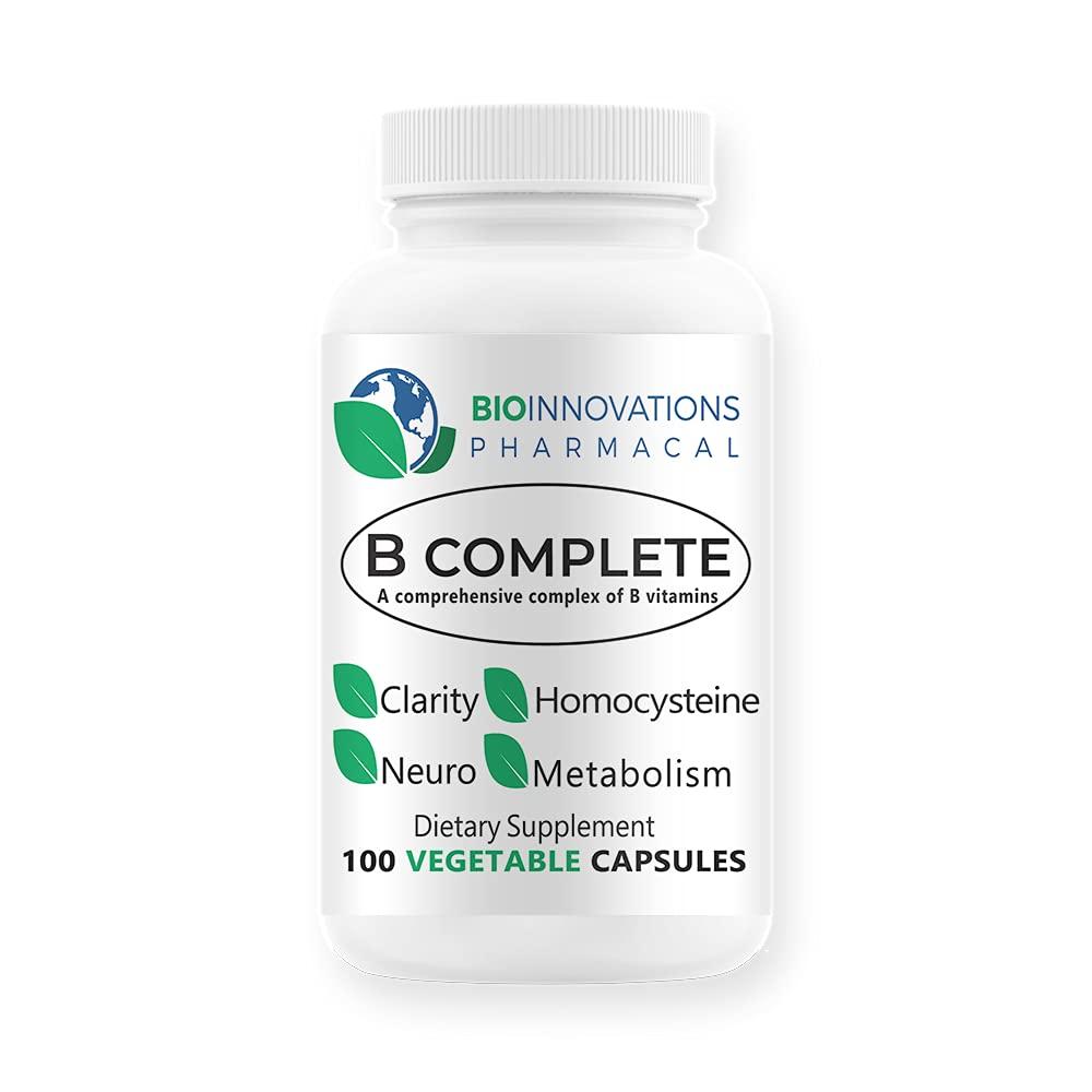 Bio-Innovations Pharmacal BioInnovations Pharmacal B Complete with Folate, All Vitamins B1, B2, B3, B5, B6, B7, B9, B12, and Choline Bitartrate for Energy, Brain Clarity, Neuro, Metabolism 100 Vegan Capsules