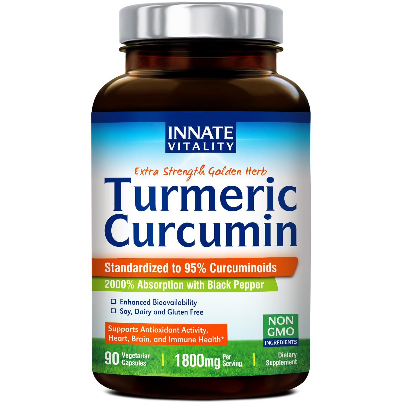 Innate Vitality Innate Vitality Turmeric Curcumin Supplement 1800mg with Black Pepper Extract 95% Curcuminoids, Extra Strength & Enhanced Absorption, Joint Support, Healthy Inflammatory Response, Antioxidant, 90 Caps