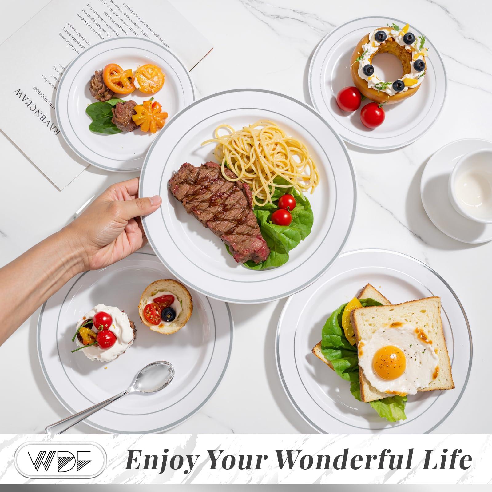 WDF Partyware WDF Partyware 350 Pcs Silver Plastic Plates - Silver Dinnerware Set of 50 Dinner Plates 50 Dessert Plates 50 Silverware 50 Napkins 50 Cups for Party&Wedding