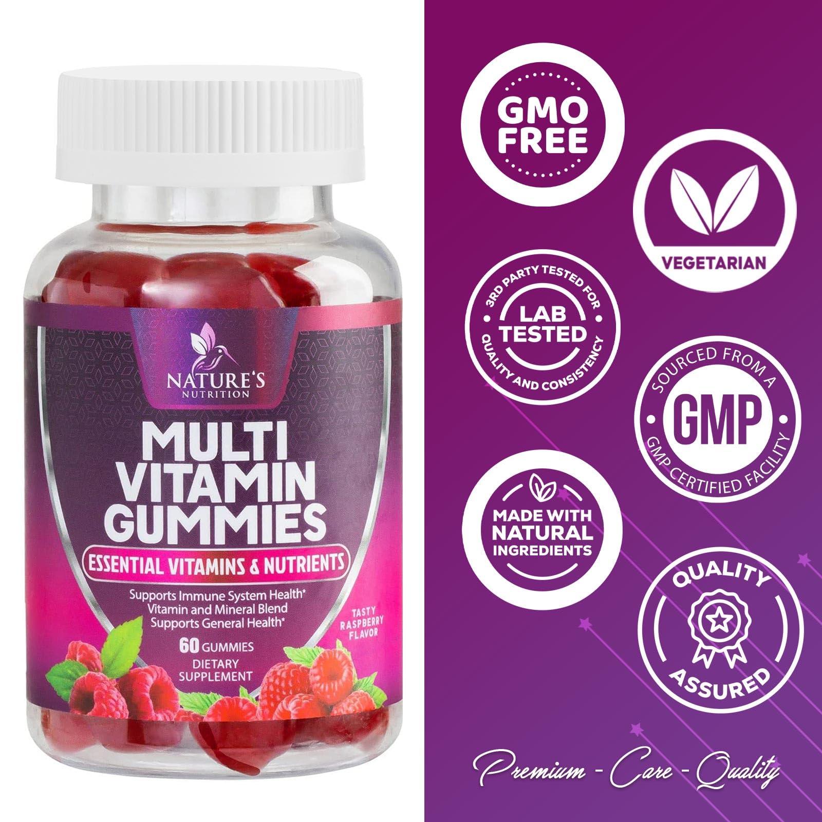 Nature's Nutrition Multivitamin Gummy Vitamins, Berry Flavored Adult Daily Vitamins for Women & Men with Multi Vitamin A, C, D, E, B6, B12, Zinc & Antioxidants Supplement for Immune Health Support, Non-GMO - 60 Gummies