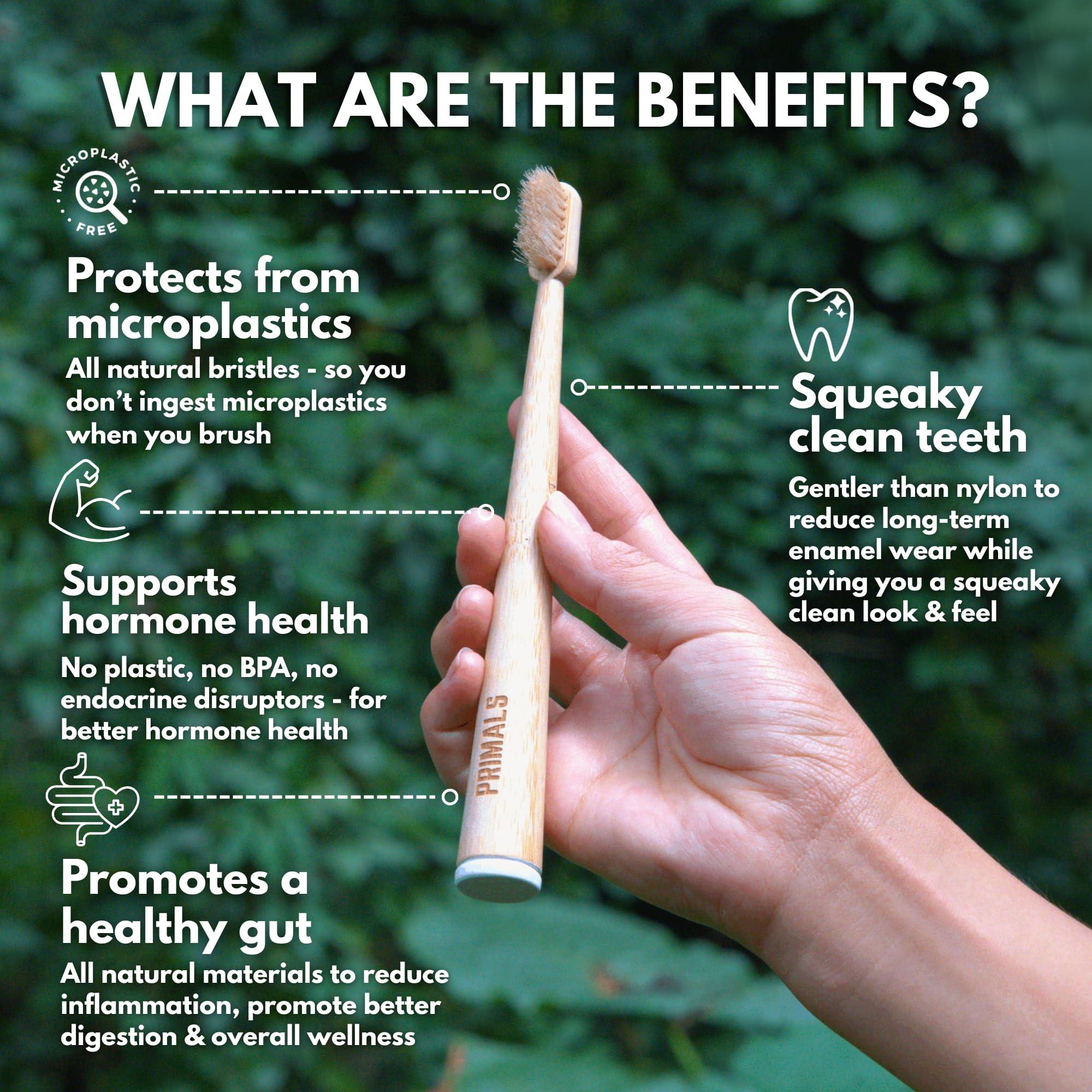 PRIMALS PRIMALS Boar Bristle & Bamboo Toothbrush (4-Pack) - Premium Boar Bristles - Fully Biodegradable - Plastic & Nylon Free - Quick Dry Design