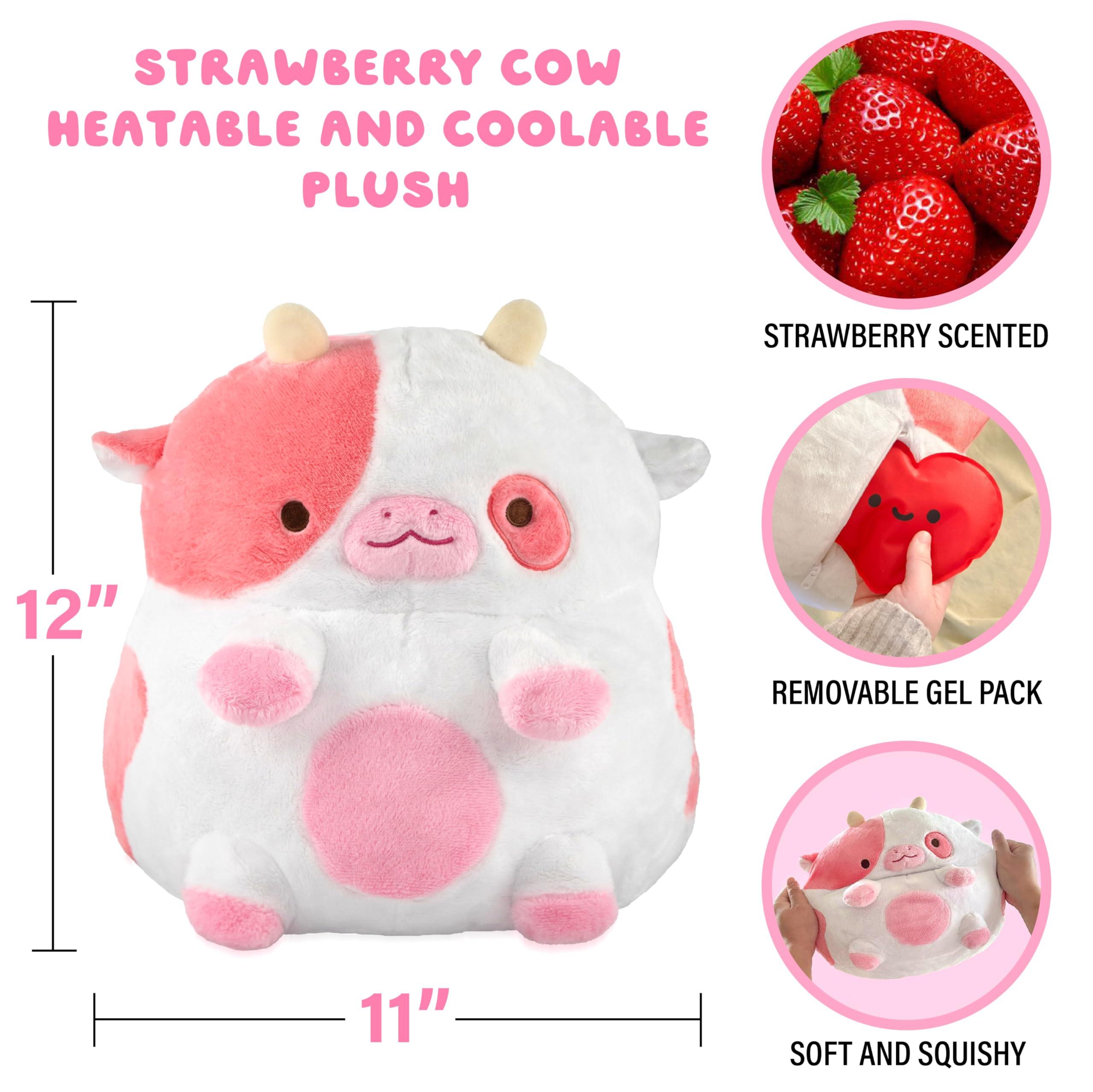 Shopzoki Heatable Strawberry Scented Cow Plush for Period Cramp Relief & Emotional Support, Microwavable Soft Toy Plushies, Coolable Stuffed Animal for Anxiety, Cute Heating Pad for Pain Relief
