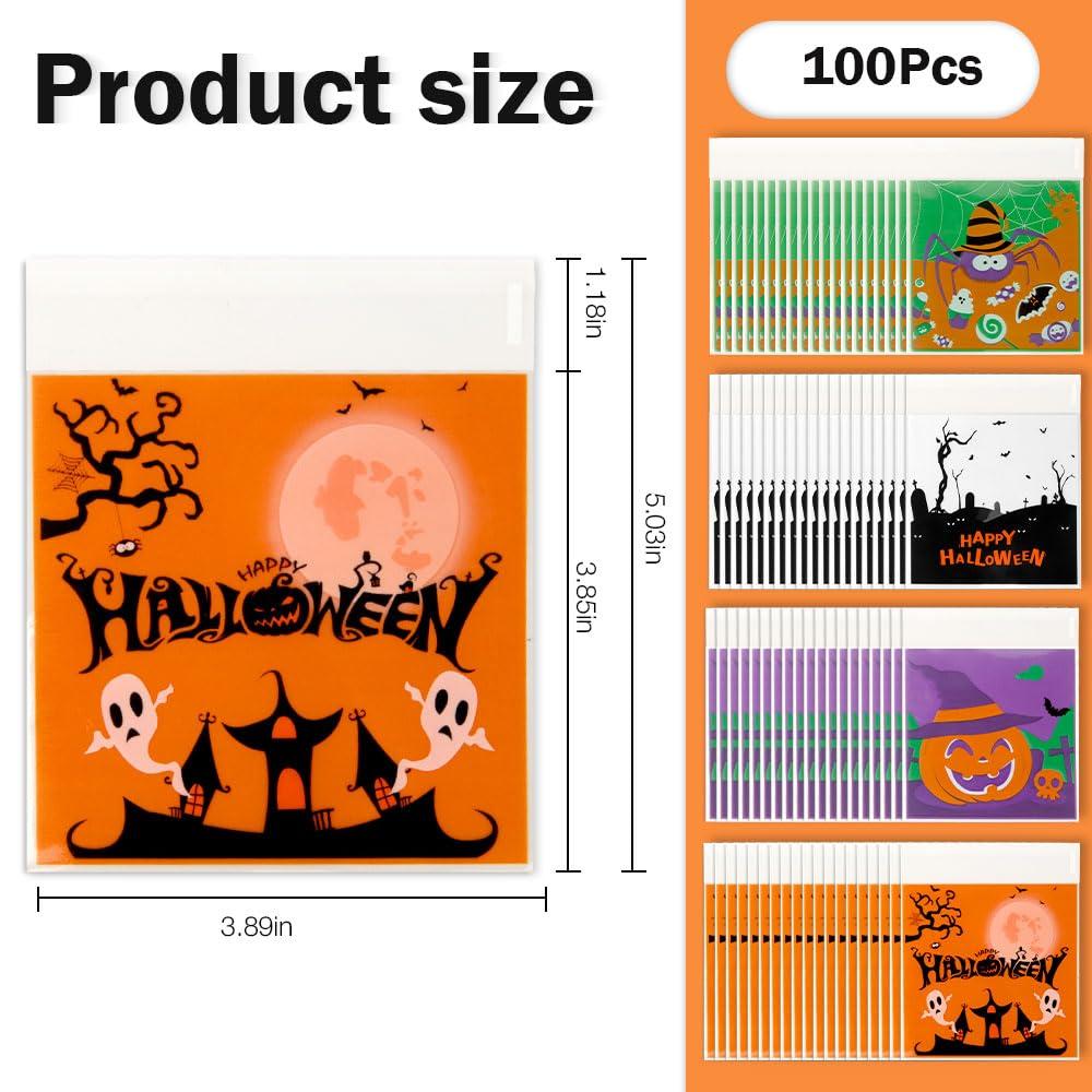 OZOSHINE Halloween Treat Bags, 100PCS Self-sealing Halloween Candy Bags, Halloween Trick or Treat Bags Halloween Cellophane Treat Bags Bulk Halloween Decorations Gift Bags Halloween Goodie Snack Bags for Candy