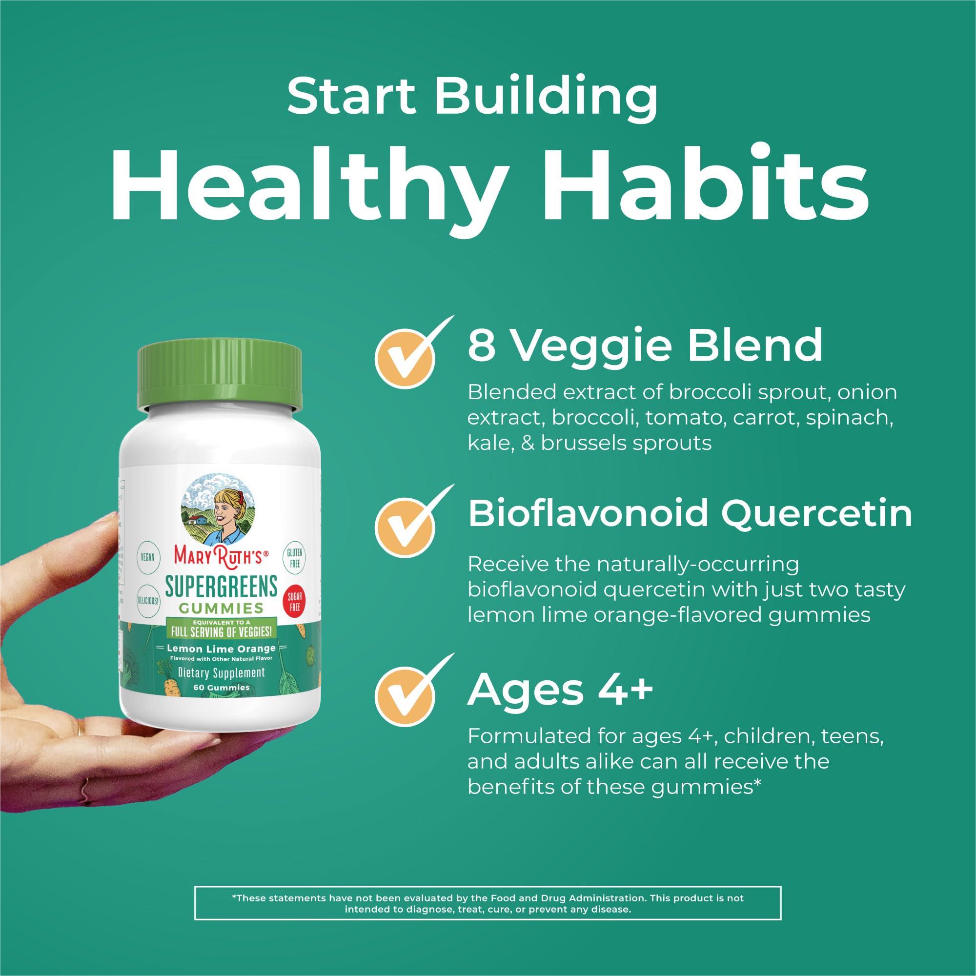 MaryRuth Organics MaryRuth Organics Super Greens Gummies | Naturally-Occurring Quercetin for Adults and Kids Ages 4+ | Sugar Free | 2g Fiber Per Serving | Vegan | No Gelatin | Pectin Based | 60 Count | 30 Servings