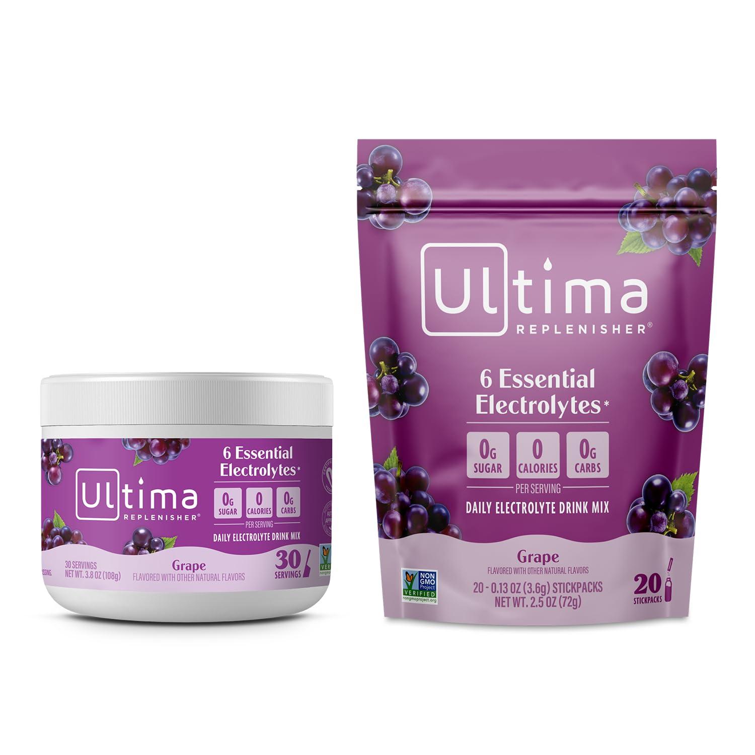 Ultima Replenisher Ultima Replenisher Electrolyte Powder Drink Mix Bundle  Grape, 30 Serving Canister and 20 Stickpacks  6 Electrolytes and Minerals  Keto Friendly, Vegan, Non-GMO and Sugar-Free