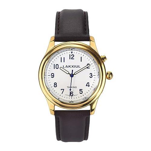 LAKXIUL LAKXIUL Spanish Talking Watch for Blind,Visually impaired or Elderly,Gold case, Black Leather Strap, Men\'s Size