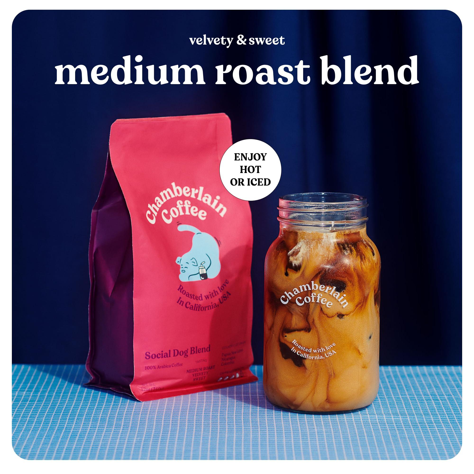 Chamberlain Coffee Chamberlain Coffee Social Dog Blend - Full Bodied, Medium Roast Coffee Beans with Notes of Milk Chocolate, Peanuts, Brown Sugar & Graham Crackers - Whole Bean Specialty Coffee Freshly Roasted In California - 12 oz