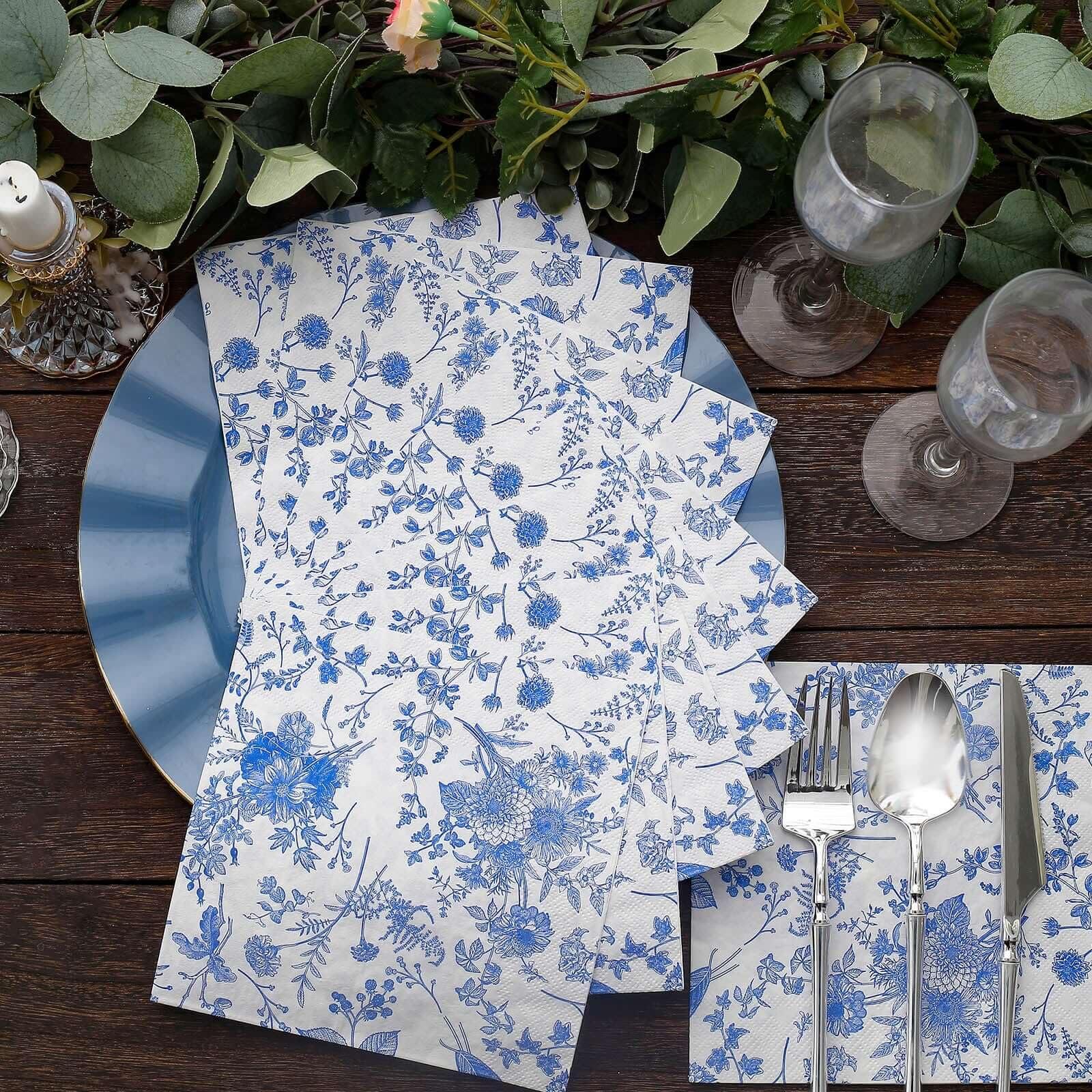 TABLECLOTHSFACTORY.COM Tableclothsfactory 20 Pack | White/Blue Chinoiserie Floral Print 2-Ply Paper Napkins, Disposable Dinner Napkins