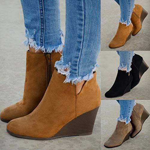 Gibobby Ankle Boots for Women Wedge,Women's Wedges Ankle Booties Retro V Cutout Comfy Short Boots Flock Leather Zip Closure Stacked Chunky Block Heels Shoes