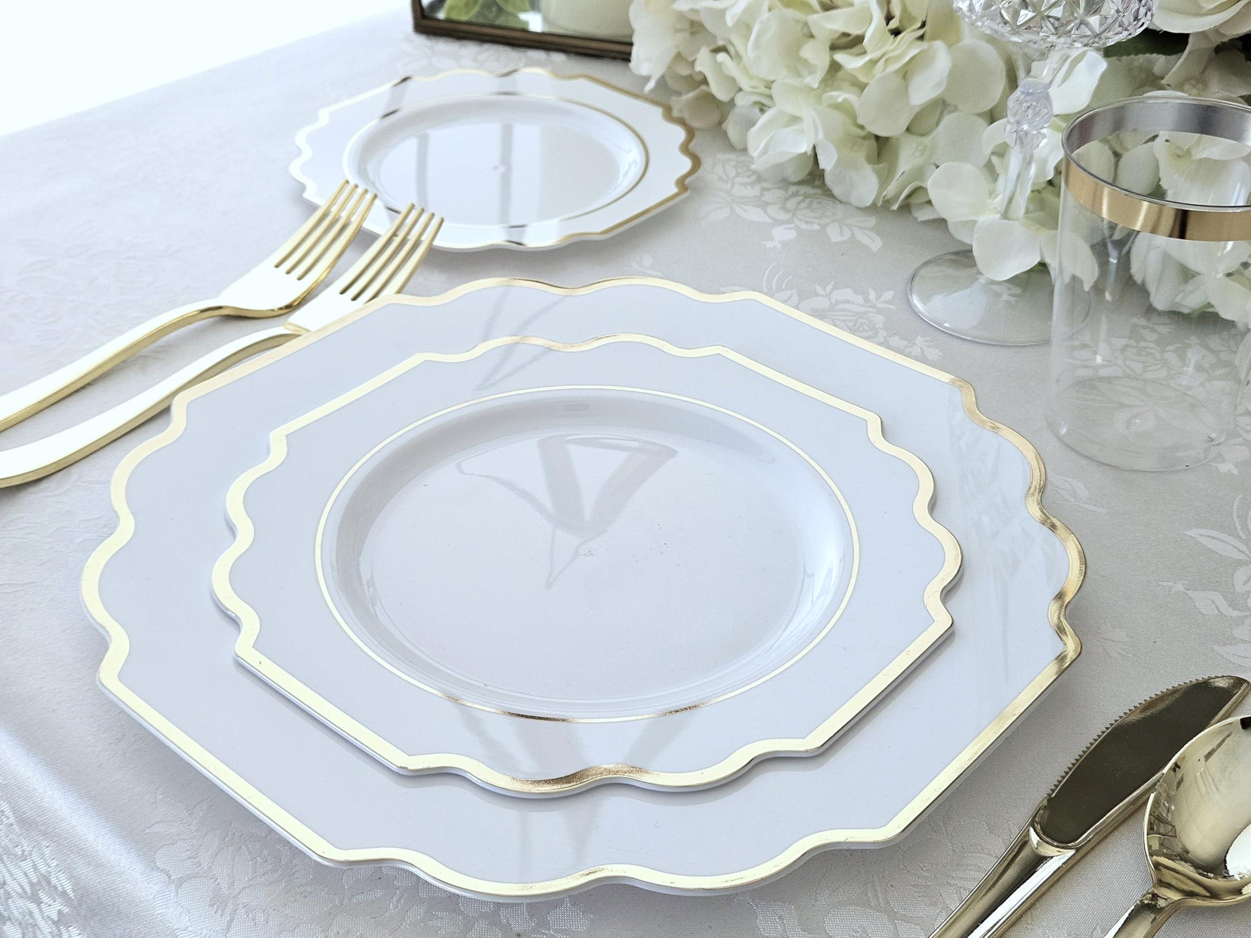 OCCASIONS FINEST PLASTIC TABLEWARE " OCCASIONS " 120 Plates Pack, Heavyweight Disposable Wedding Party Plastic Plates (8'' Appetizer/Dessert PlateImperial in White & Gold)