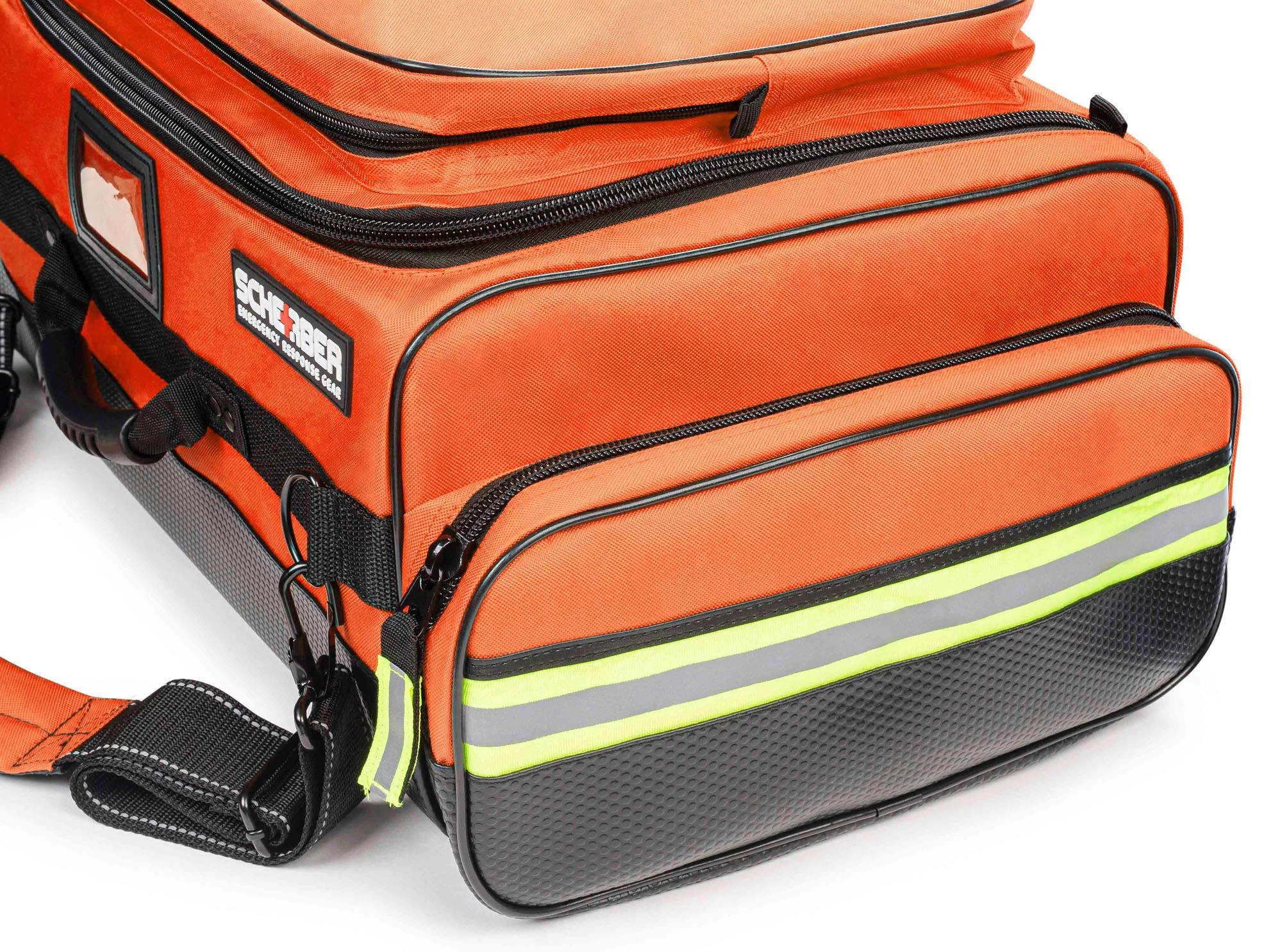 Scherber Scherber Fully Stocked First Responder Ultimate Professional EMT/EMS Trauma Kit | HSA/FSA Approved | w/10+ Compartments, Zippered Pockets, Dividers, Oxygen Access & 260+ First Aid Supplies (Orange)
