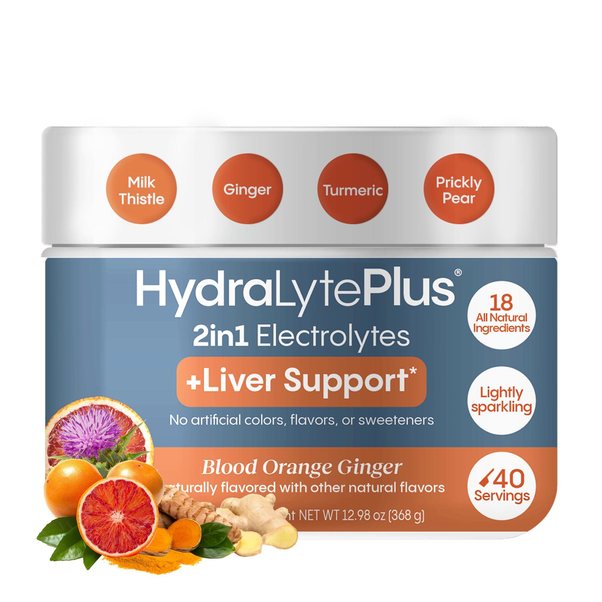Hydralyte Hydralyte Liver Support + Electrolyte Mix with Milk Thistle, Turmeric, Ginger, Prickly Pear, Green Tea Extract Formulated for Rapid Rehydration, (Blood Orange Ginger, 40 Serve Tub)