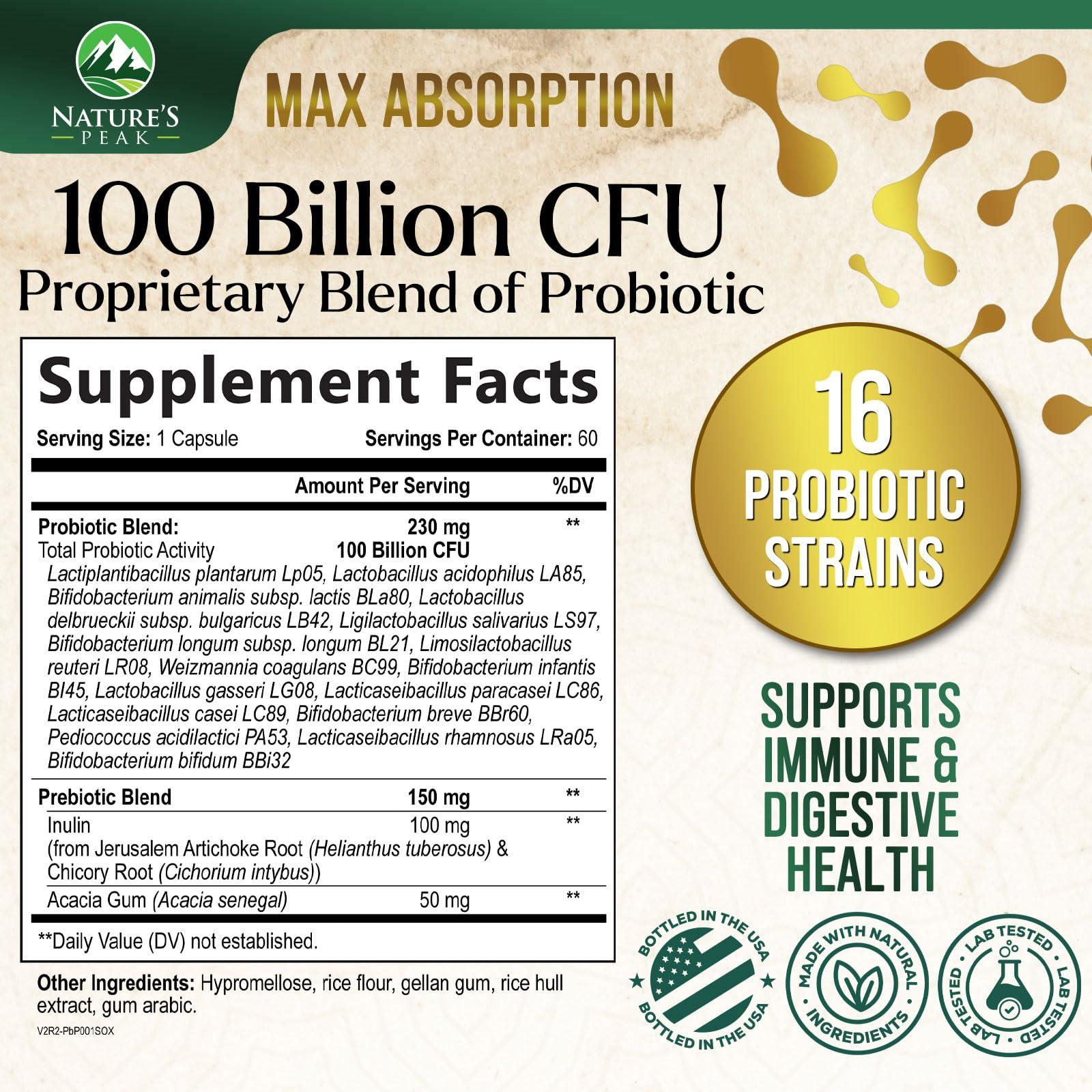 Nature's Peak Probiotics for Women's Digestive Health - 100 Billion CFU, 16 Strains with Prebiotics, Supports Immune, Gut Health, PH, Gas & Bloating, Best Probiotic for Women & Men, Shelf Stable - 60 Capsules