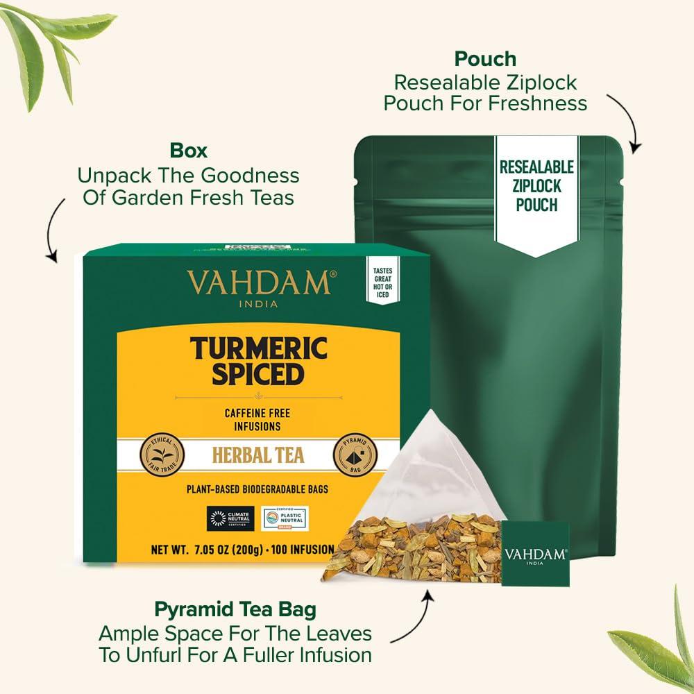 VAHDAM VAHDAM, Turmeric Spice Herbal Tea Bags (100 Pyramid Tea Bags) | Caffeine Free, Non GMO & Gluten Free | Turmeric Ginger Tisane with Cardamom, Cinnamon, Lemongrass & Black Pepper