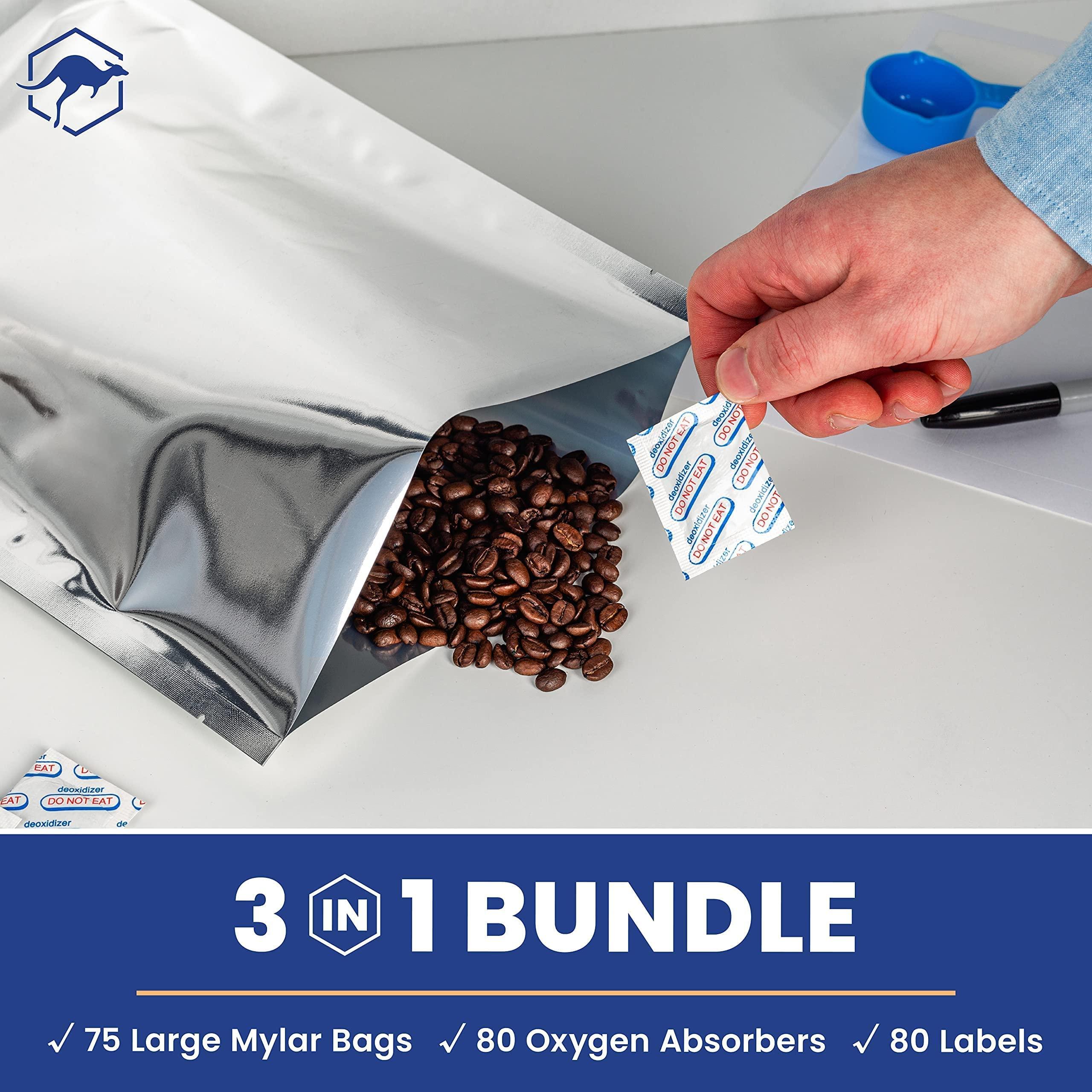 Wallaby 75x Wallaby 1-Gallon Mylar Bag Bundle - (5 Mil - 10\" x 14\") Mylar Bags with Wallaby 500cc Oxygen Absorbers - 100 Count (10x Packs of 10)
