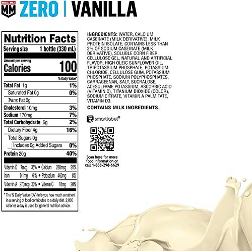 Muscle Milk Muscle Milk Zero Protein Shake, Vanilla Crme, 20g Protein, Zero Sugar, 100 Calories, Calcium, Vitamins A, C & D, 4g Fiber, Energizing Snack, Workout Recovery, Packaging May Vary 11.16 Fl Oz (Pack of 12)