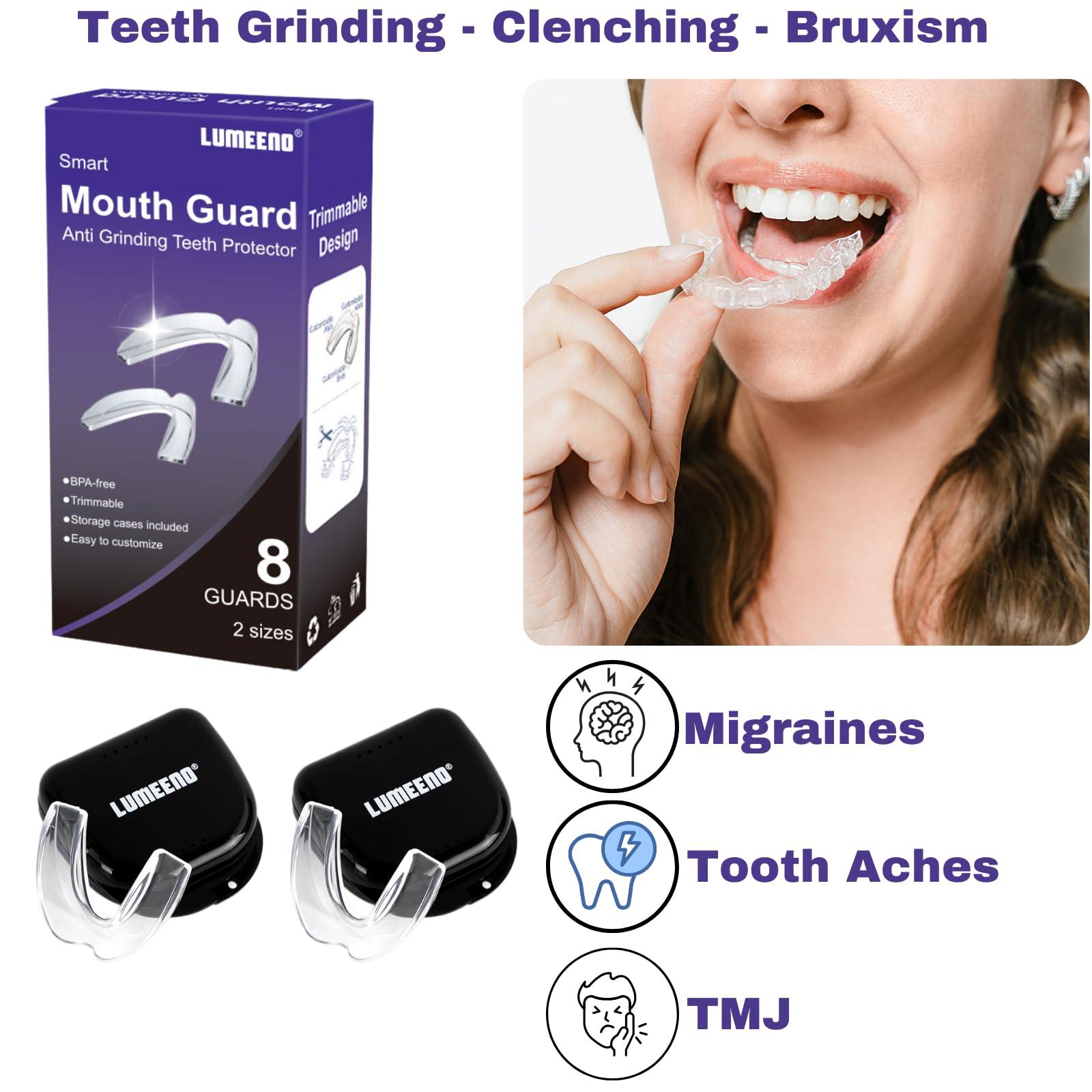 Lumeeno Mouth Guard for Grinding Teeth at Night Guards for Teeth Grinding 8-Pack (2 Sizes) and 2 Travel Cases Trimmable Design Hot Water Fit Mouthguard for Tooth Protection