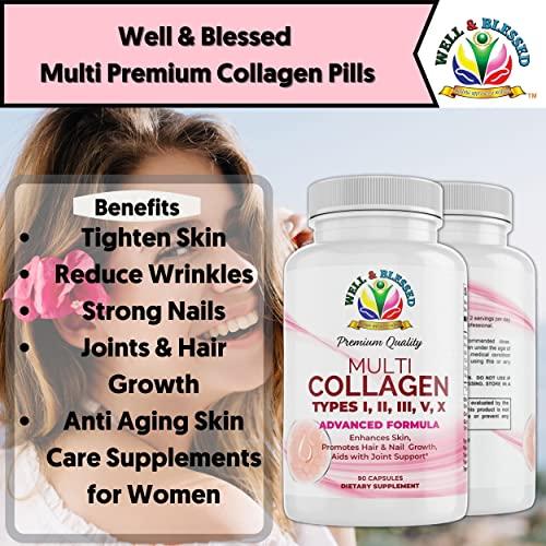 Well and Blessed Multi Premium Collagen Supplements for Women with Vitamin C, E -Tighten Skin, Reduce Wrinkles, Strong Nails, Joints & Hair Growth - Anti Aging Skin Care Supplements for Women -90 Capsules