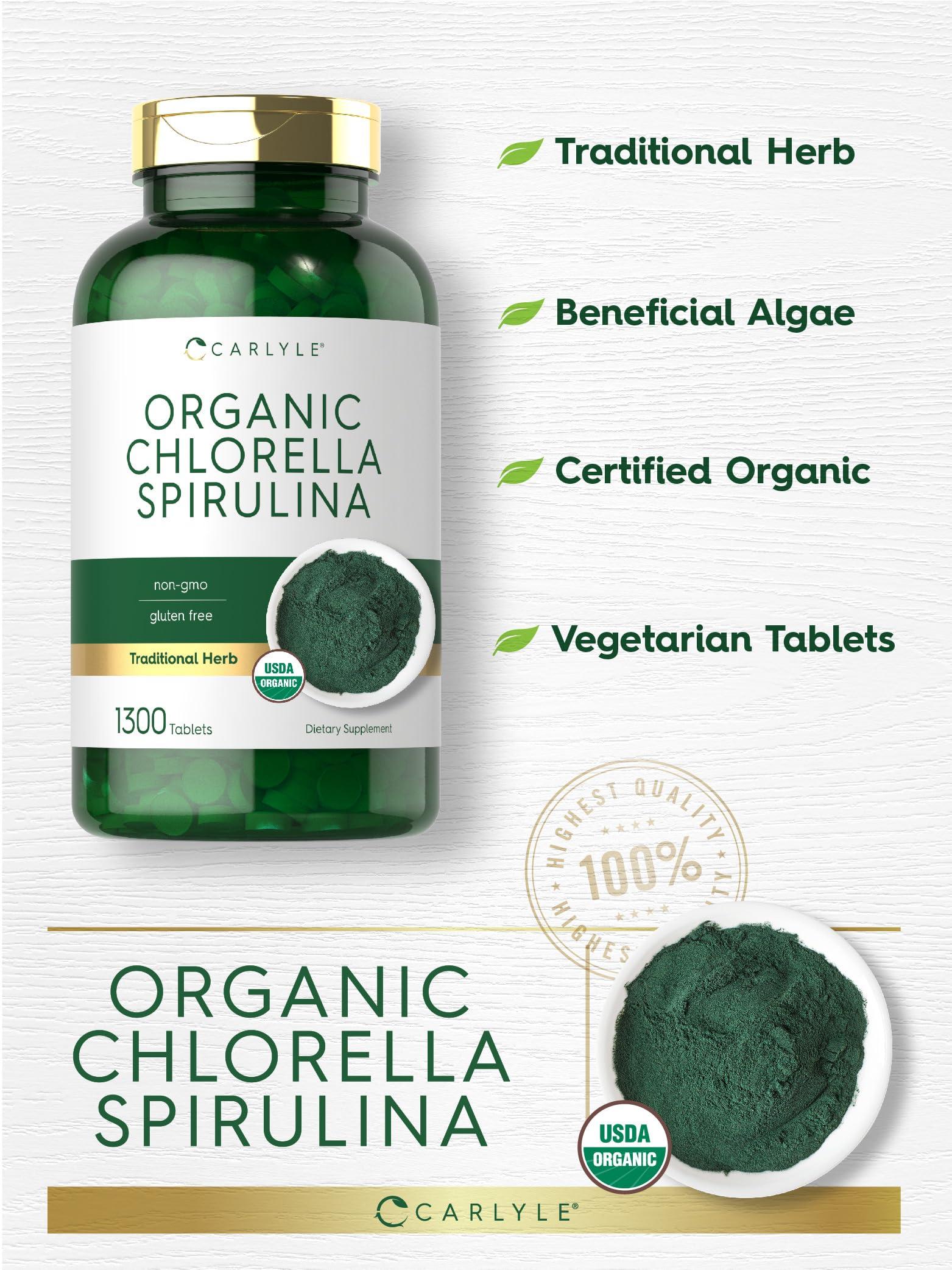 Carlyle Carlyle Organic Chlorella Spirulina Tablets | 1300 Count | 50/50 Blend | Non-GMO and Gluten Free Supplement