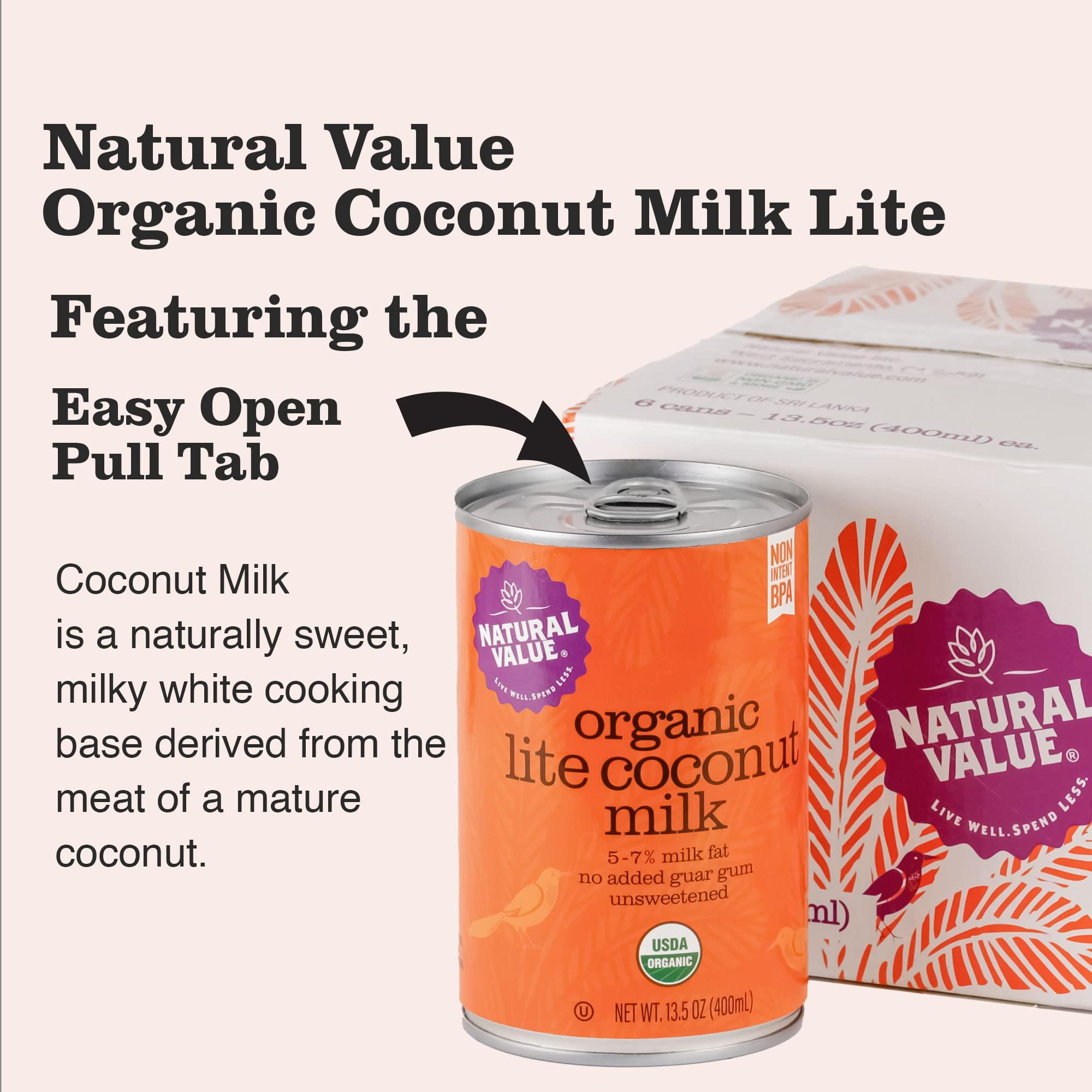 Natural Value Natural Value Coconut Milk, Organic, Lite 5-7% Milk Fat,13.5 oz (pack of 6) No added Guar Gum, Unsweetened, Gluten Free, Keto Friendly, Fairtrade, Vegan, Kosher, No Monkeys used in Harvesting