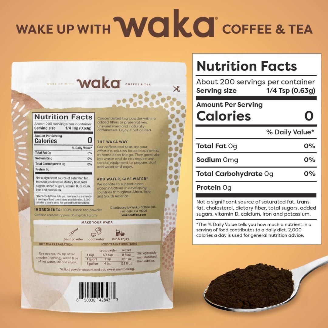Waka Coffee Waka Instant Black Tea Mix, Classic - 100% Tea Leaves, No Additives, Unsweetened Tea Powder for 50 Quarts or 200 Cups Easy and Quick Hot or Iced Teas (4.5oz)