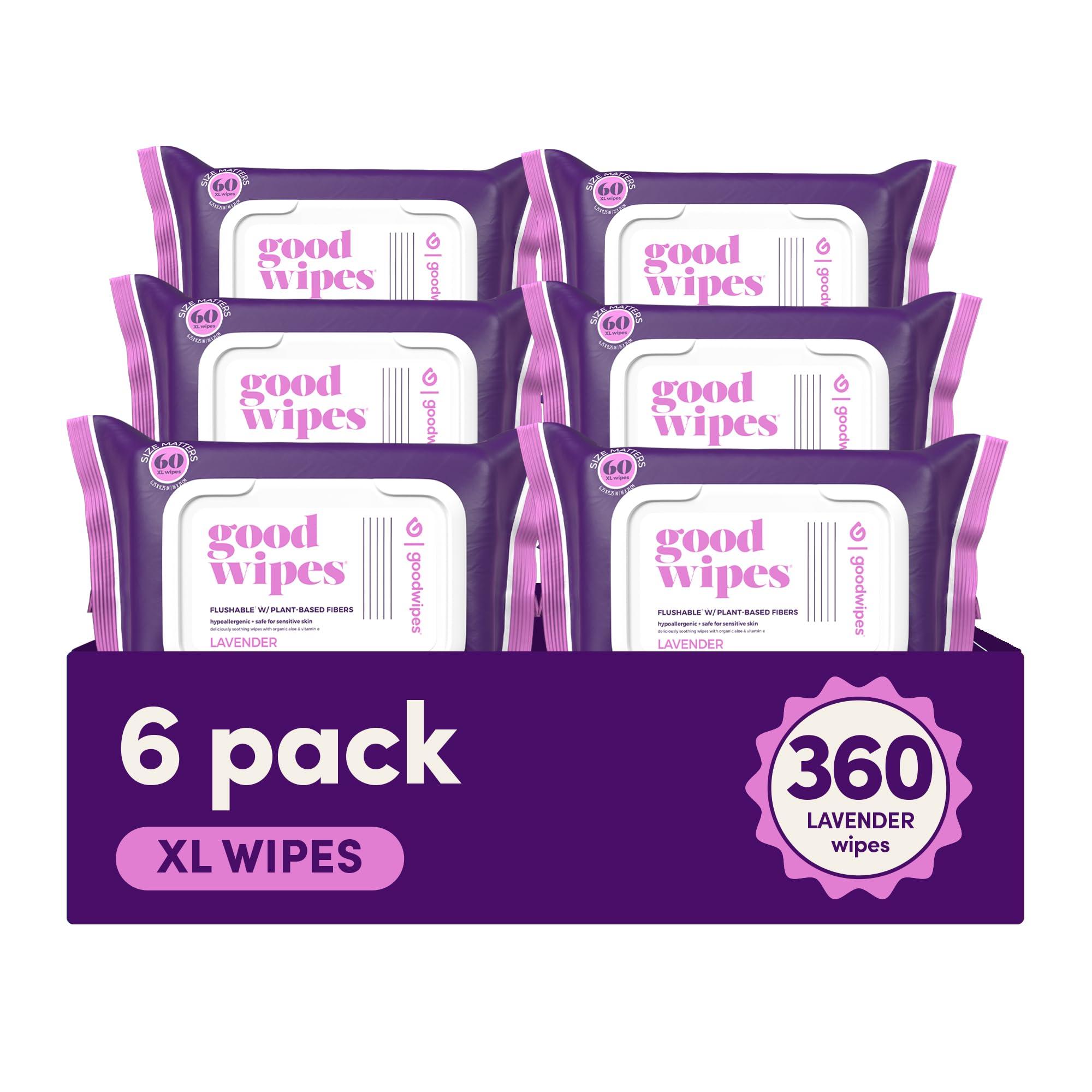 goodwipes Goodwipes Flushable Butt Wipes Made with Vitamin E & Aloe - Soft & Gentle Wet Wipe Dispenser for Home Use, Septic & Sewer Safe - Largest Adult Toilet Towelettes - Lavender, 360 Count (6 Packs)