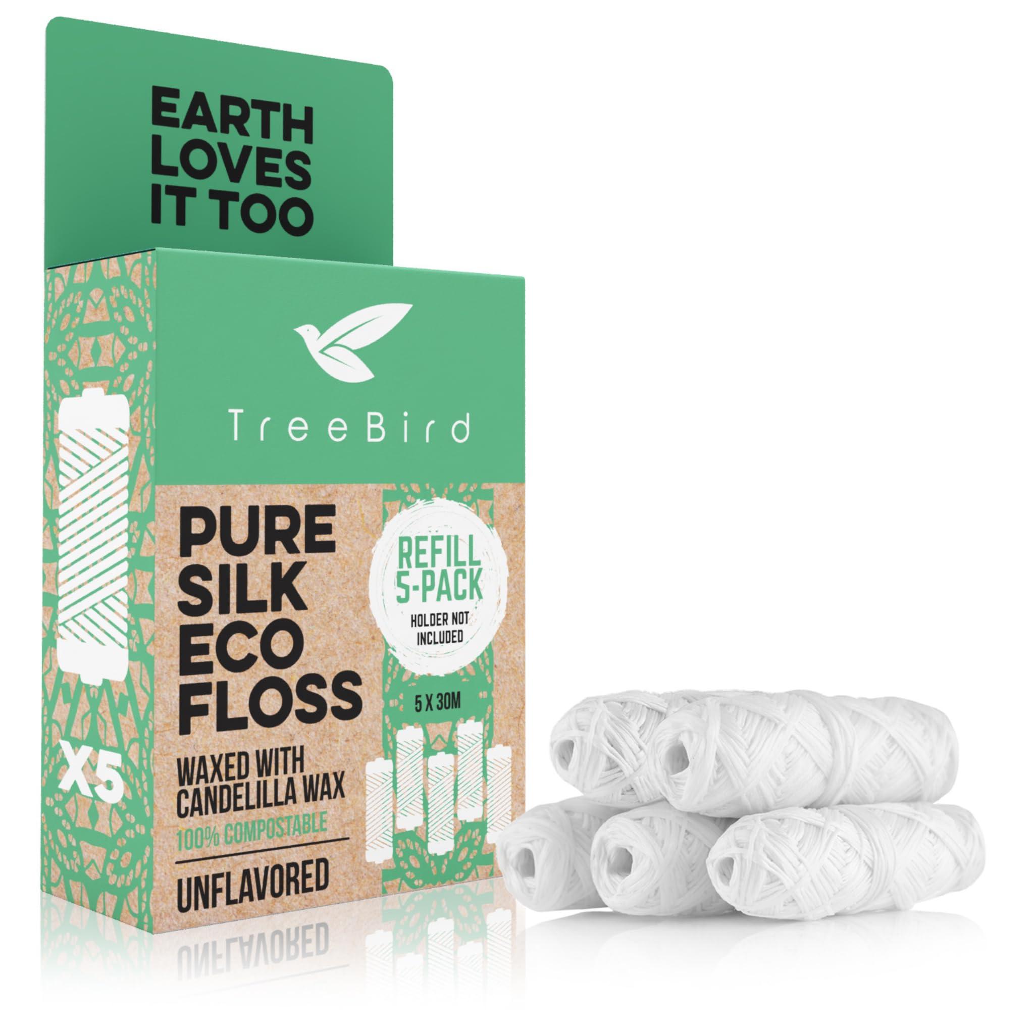 TreeBird Unflavored Compostable Dental Floss Refills | Pack of 5 x 33yds Organic Peace Silk Spools | for a Refillable Glass & Stainless Steel Holder | Waxed with Natural Candelilla Wax