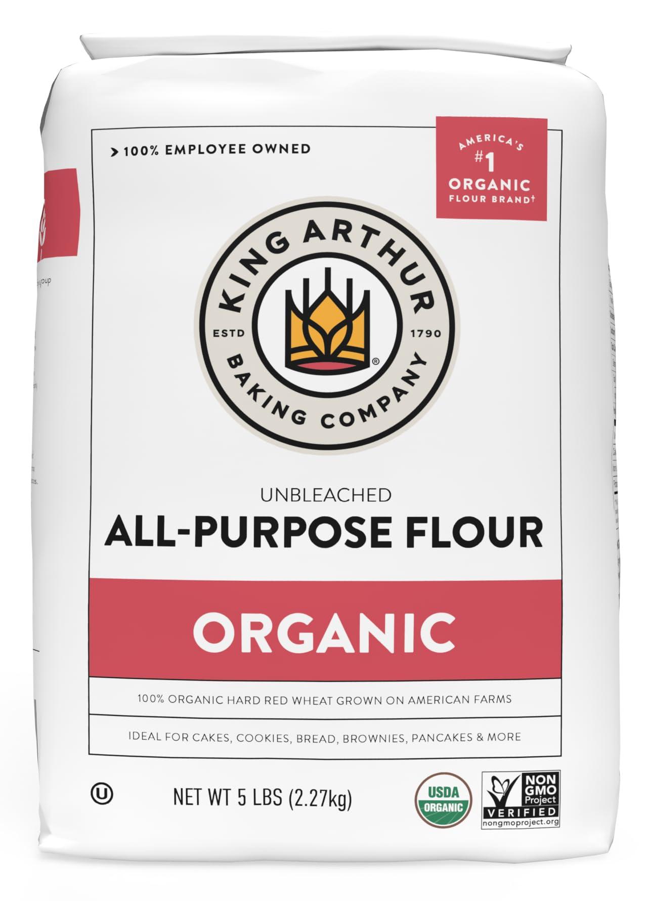 King Arthur King Arthur Organic All Purpose Artisan Flour - Premium Unbleached Wheat for Baking Bread, Pizza, Cookies & More - 5 lbs Bulk Pack of Versatile, High-Protein Baking Flour