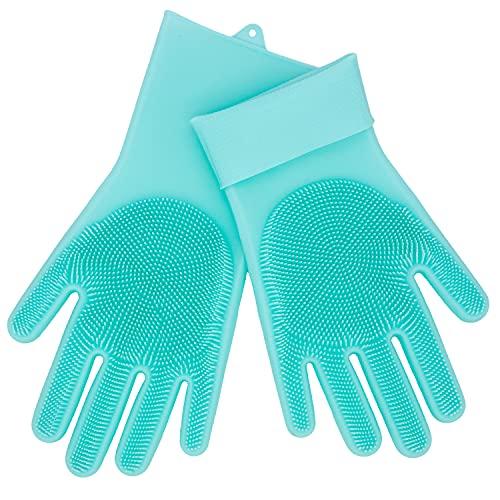HealthyLifeUS HealthyLifeUS Silicone Dishwashing Gloves Reusable Non slip Heat Resistant for Kitchen Bathroom Car Wash Pet large 240g thick 1 Pair (Blue)