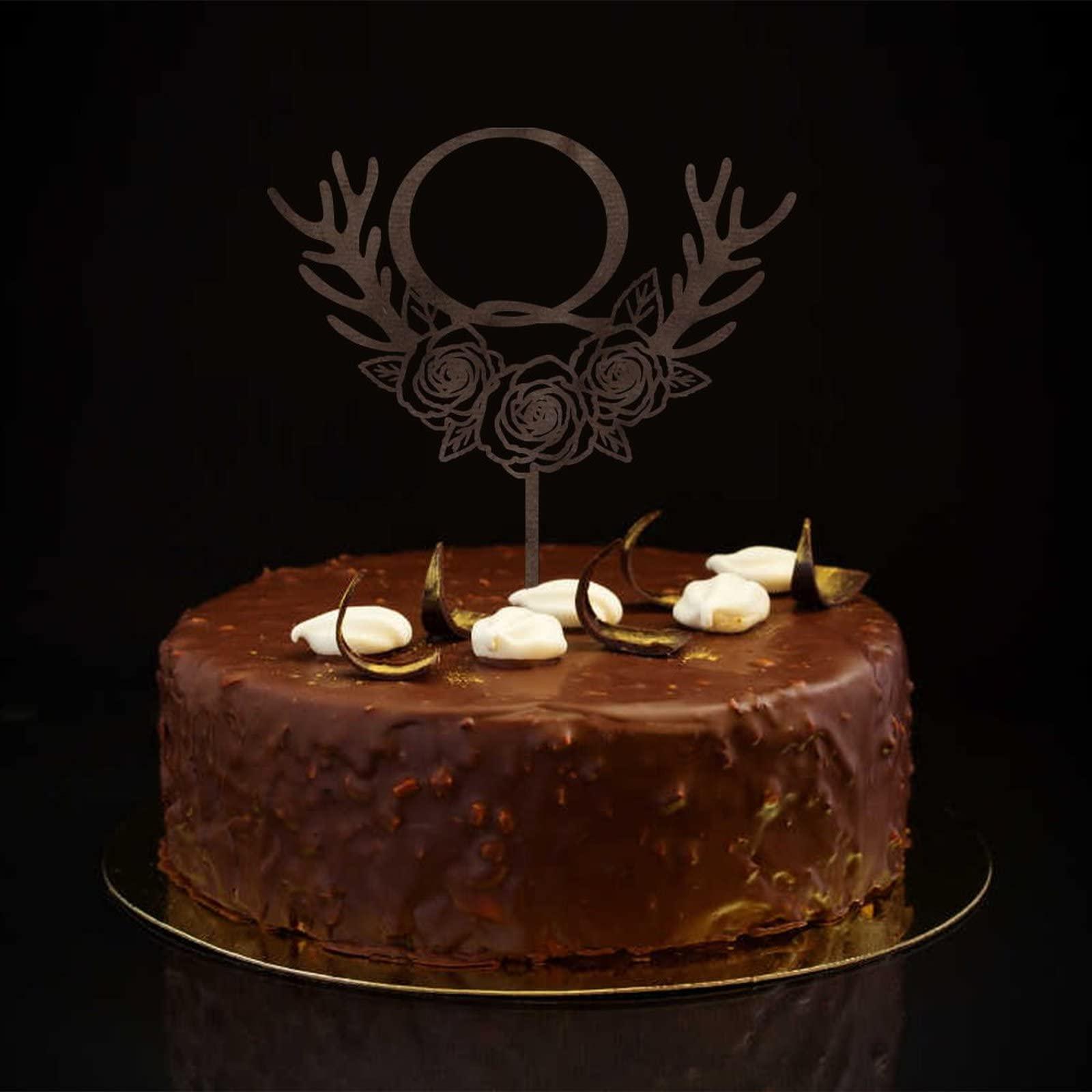 Vinisong Initials Q Cake Toppers, Vinisong Letter Cake Topper Brown Wood Wreath Cake Decorations Monogram Cake Topper Rustic Wedding Cake Decor(Q,Design 11)