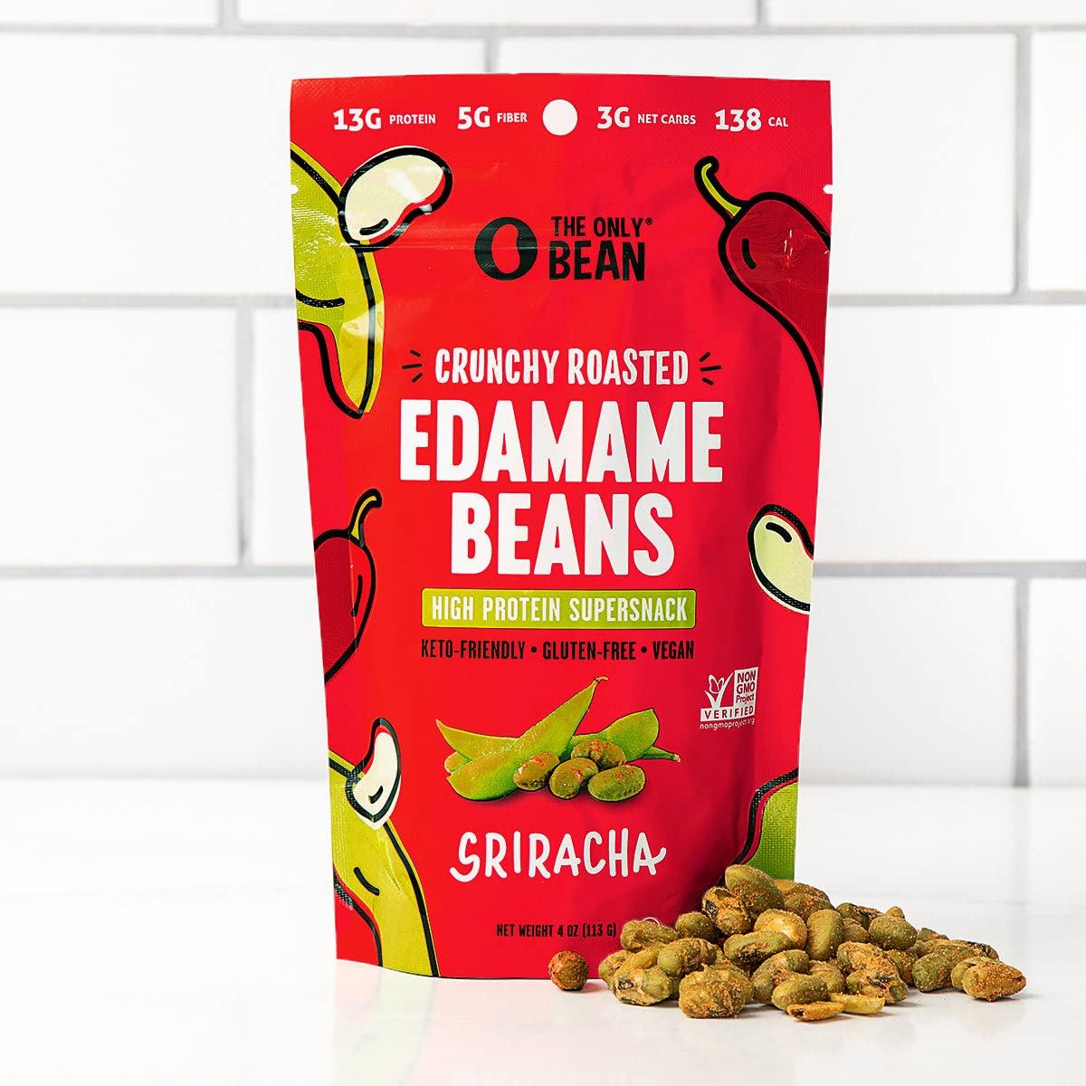 The Only Bean The Only Bean Crunchy Roasted Edamame Snack (Sriracha), High Protein Snacks (13g) Healthy Protein Chips, Keto Friendly Food (2g Net), Plant-Based Vegan Snacks, Office Snacks, Spicy Snack, 4oz (3 Pack)