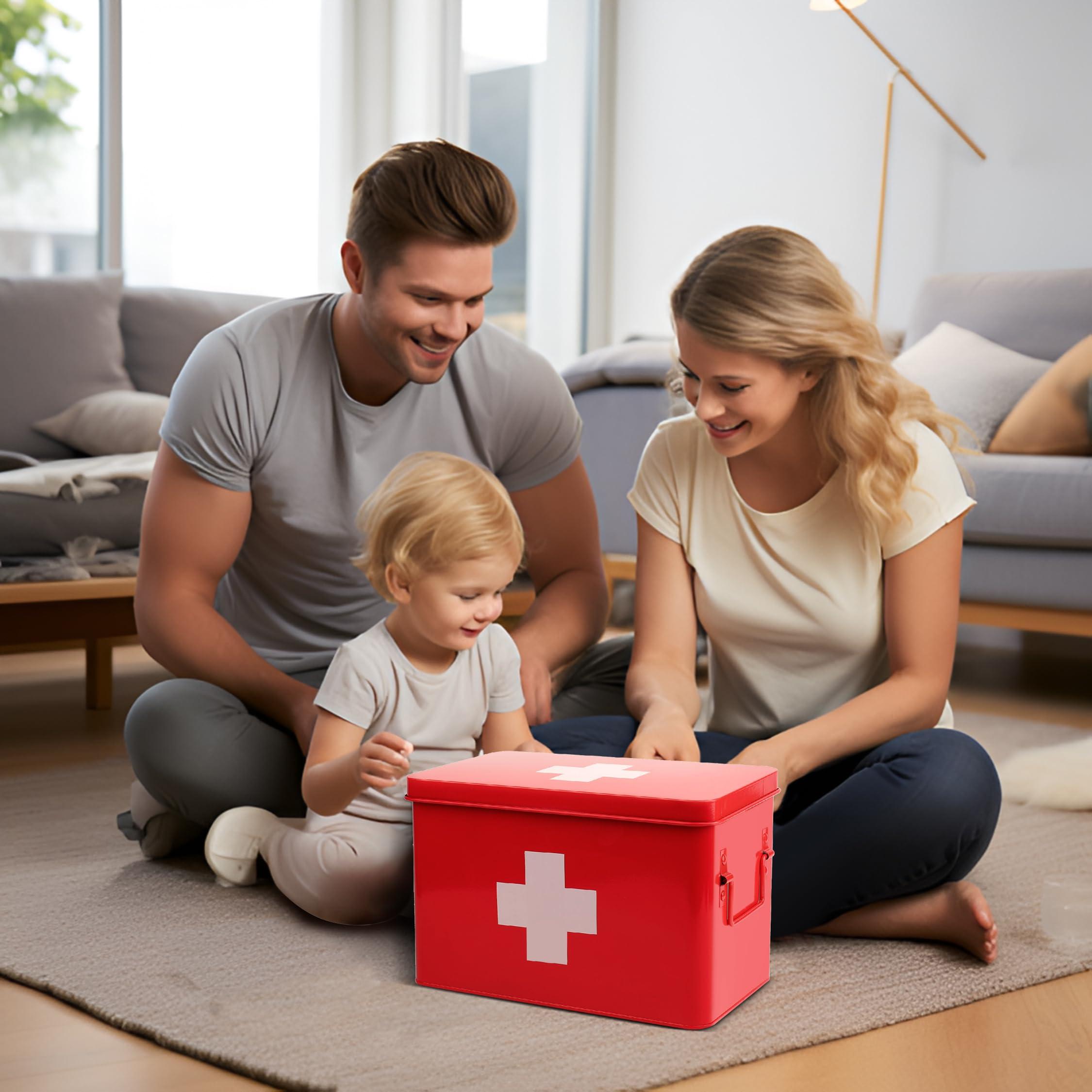 Flexzion Flexzion First Aid Box Organizer Empty 13\" Red Vintage First Aid Kit Tin Metal Medical Box - First Aid Storage Box Container Bins with Dividers, Removable Tray and White Cross Logo