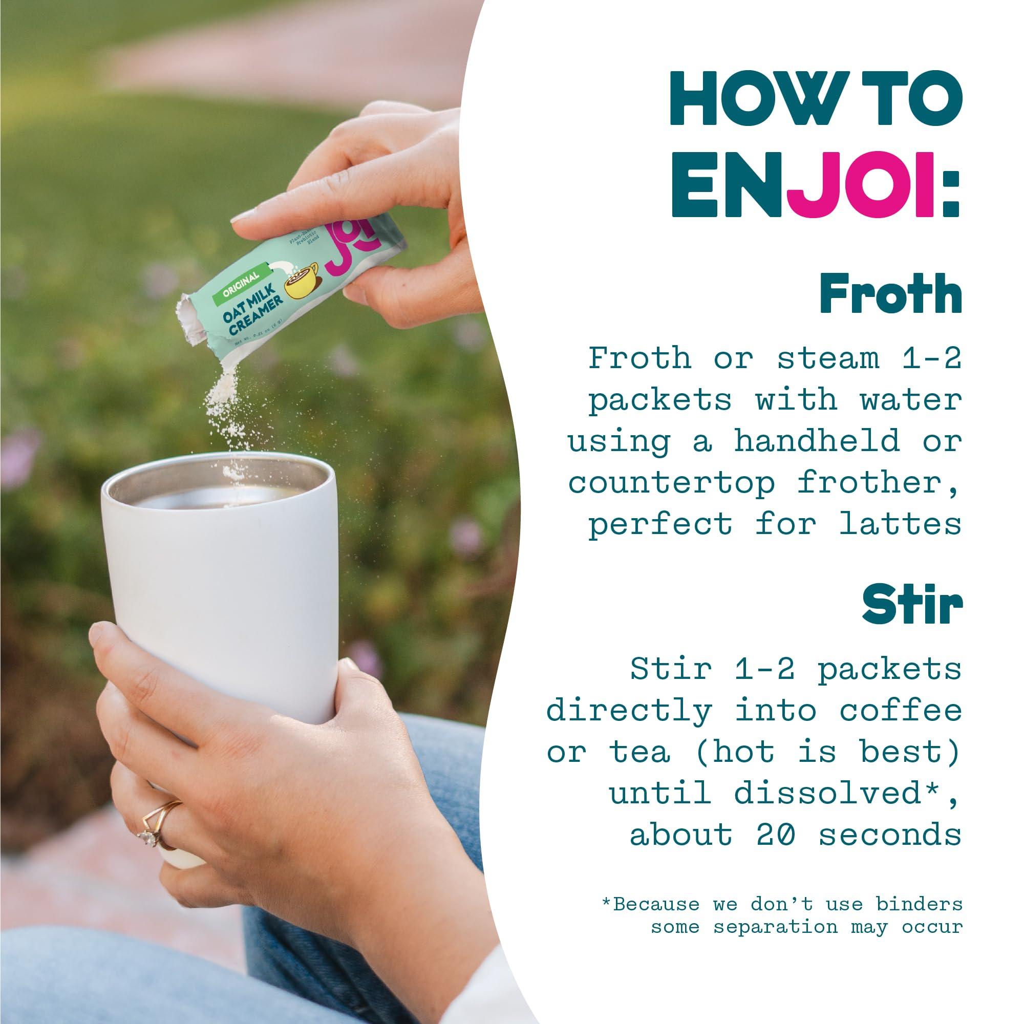 JOI Oat Milk Coffee Creamer, Sweetened 10ct Carton by JOI - Superfood, Vegan, Dairy Free, Plant Based, Kosher, Shelf-Stable, Barista, Fortified with Calcium. Use in Coffee or Protein Shakes. Single Serve.
