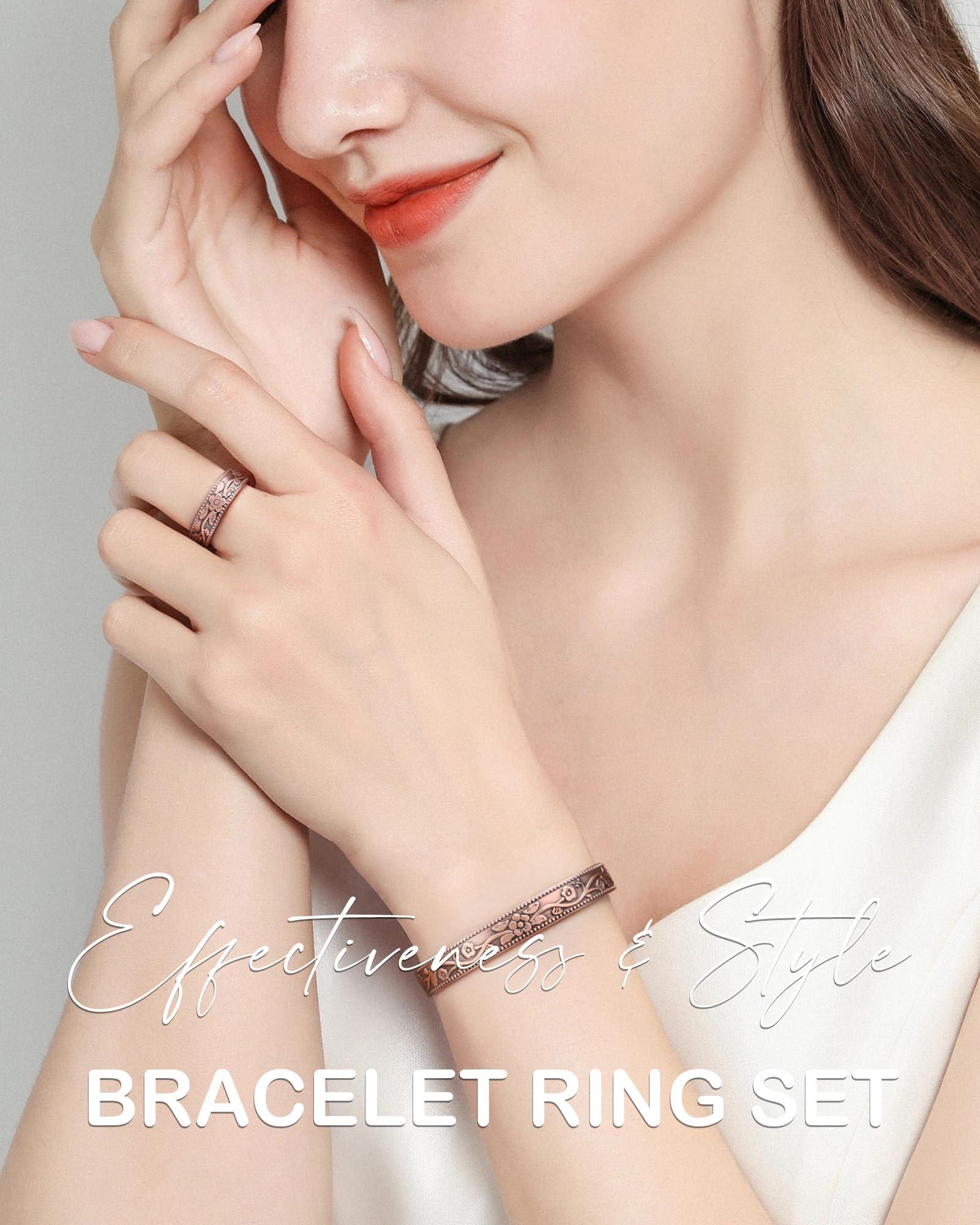 Feraco Feraco Copper Bracelet & Lymphatic Drainage Rings for Women, Vintage Flower Copper Magnetic Cuff Bangle, 99.99% Pure Copper with Neodymium Magnets, Adjustable with Gift Box