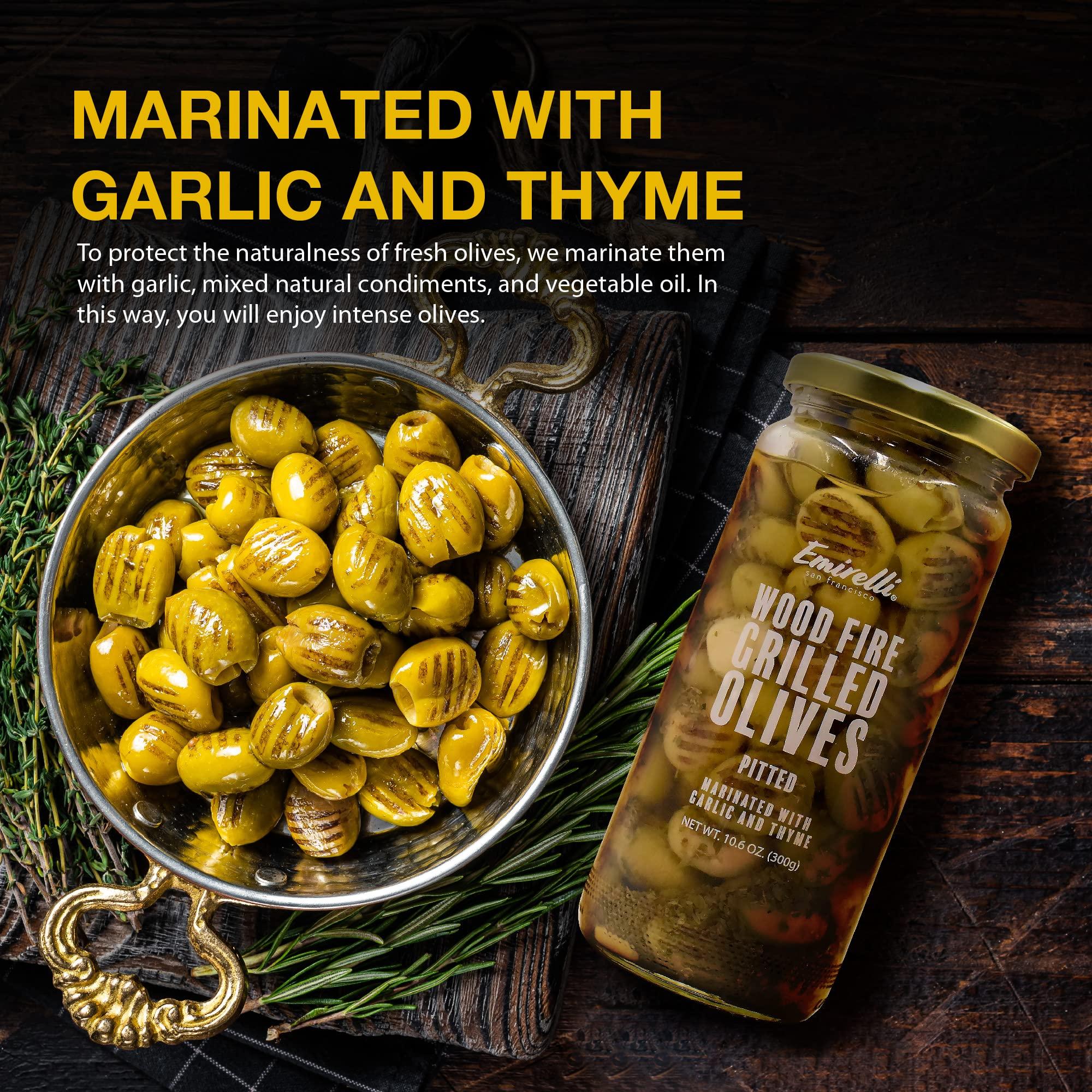 Emirelli San Francisco Emirelli Grilled and Pitted Green Olive – Delicious Premium Hand-Picked Turkish Olives Filled Marinated in Fresh Spices, Preserved (Grilled Olives, 6 Pack)
