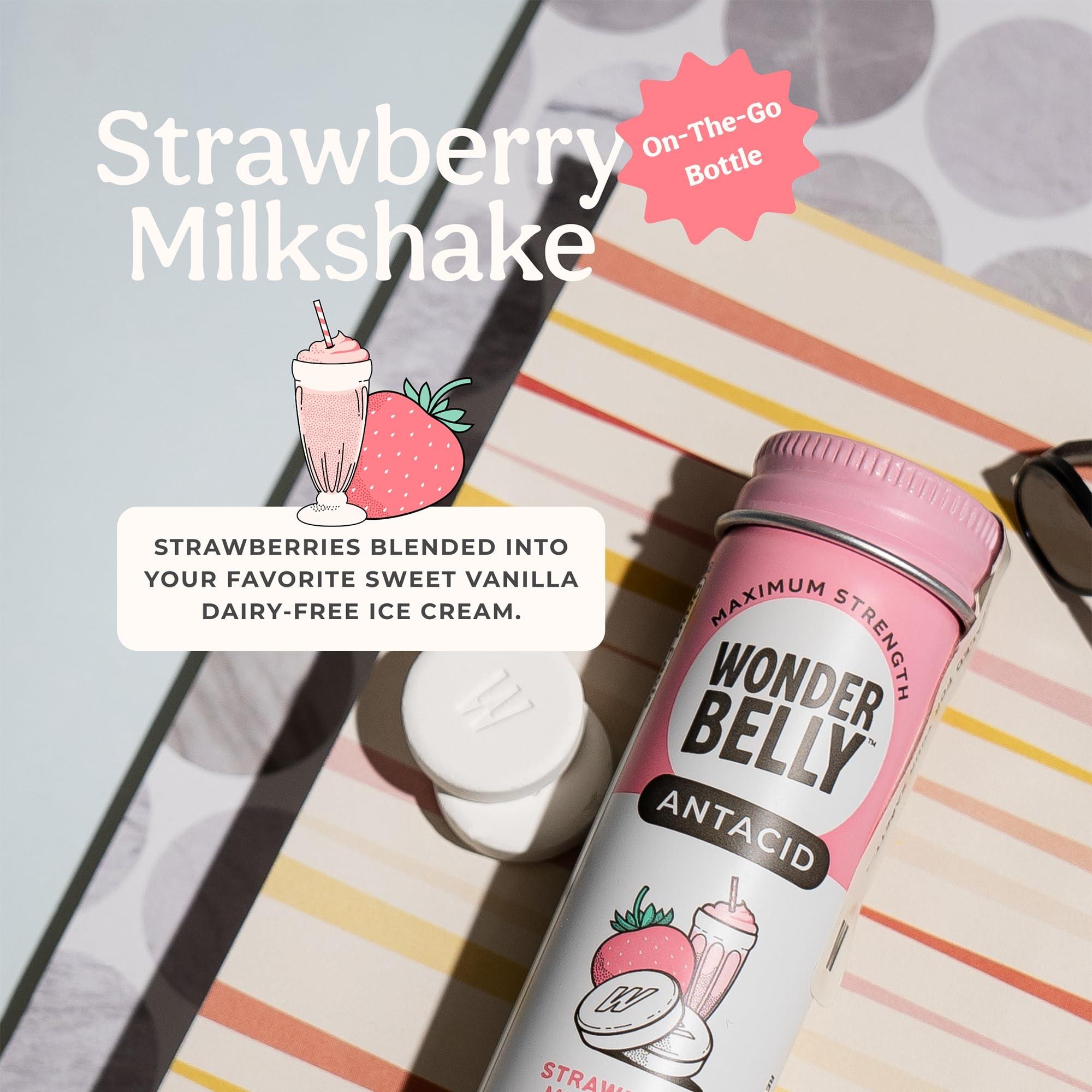 Wonderbelly Wonderbelly Antacid, Effective Heartburn & Instant Acid Indigestion Relief, Travel Size Extra Strength Chewable Tablets, 1000 mg Calcium Carbonate, Strawberry Milkshake, 12 Count (Pack of 2)