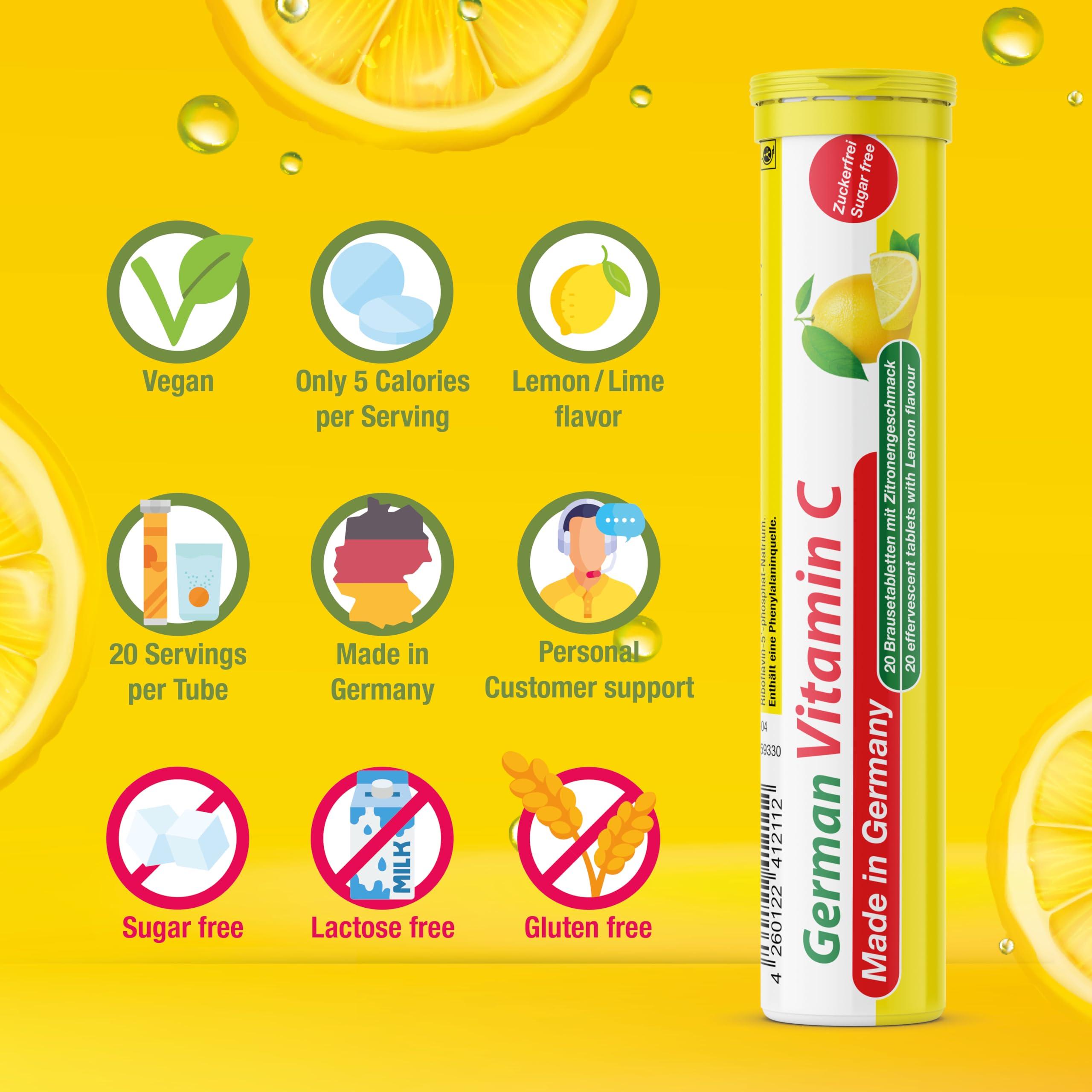 T&D T&D German Vitamin C 180 mg - 40 Vegan Drink Effervescent Tablets - Lemon Lime Flavor - Made in Germany